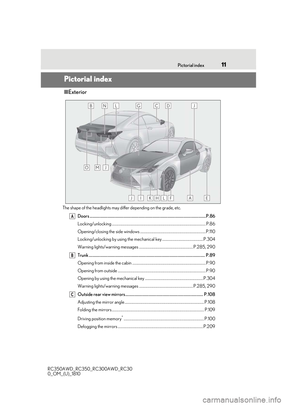 LEXUS RC350 2019  Owners Manual 11Pictorial index
RC350AWD_RC350_RC300AWD_RC30
0_OM_(U)_1810
Pictorial index
■ Exterior
The shape of the headlights may differ depending on the grade, etc.
Doors ....................................