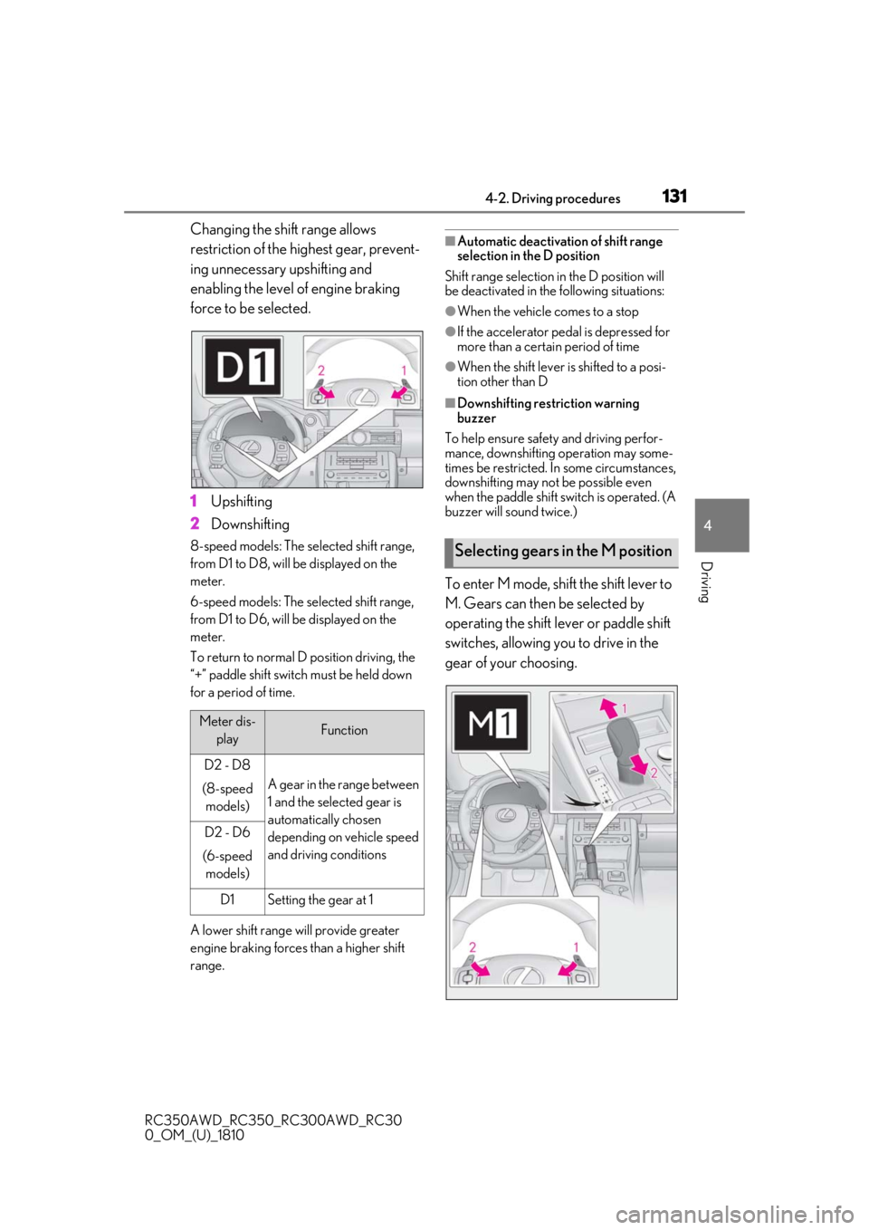 LEXUS RC350 2019 Repair Manual 1314-2. Driving procedures
RC350AWD_RC350_RC300AWD_RC30
0_OM_(U)_1810
4
Driving
Changing the shift range allows
restriction of the highest gear, prevent-
ing unnecessary upshifting and
enabling the LEXUS RC350 2019 Repair Manual 1314-2. Driving procedures
RC350AWD_RC350_RC300AWD_RC30
0_OM_(U)_1810
4
Driving
Changing the shift range allows
restriction of the highest gear, prevent-
ing unnecessary upshifting and
enabling the