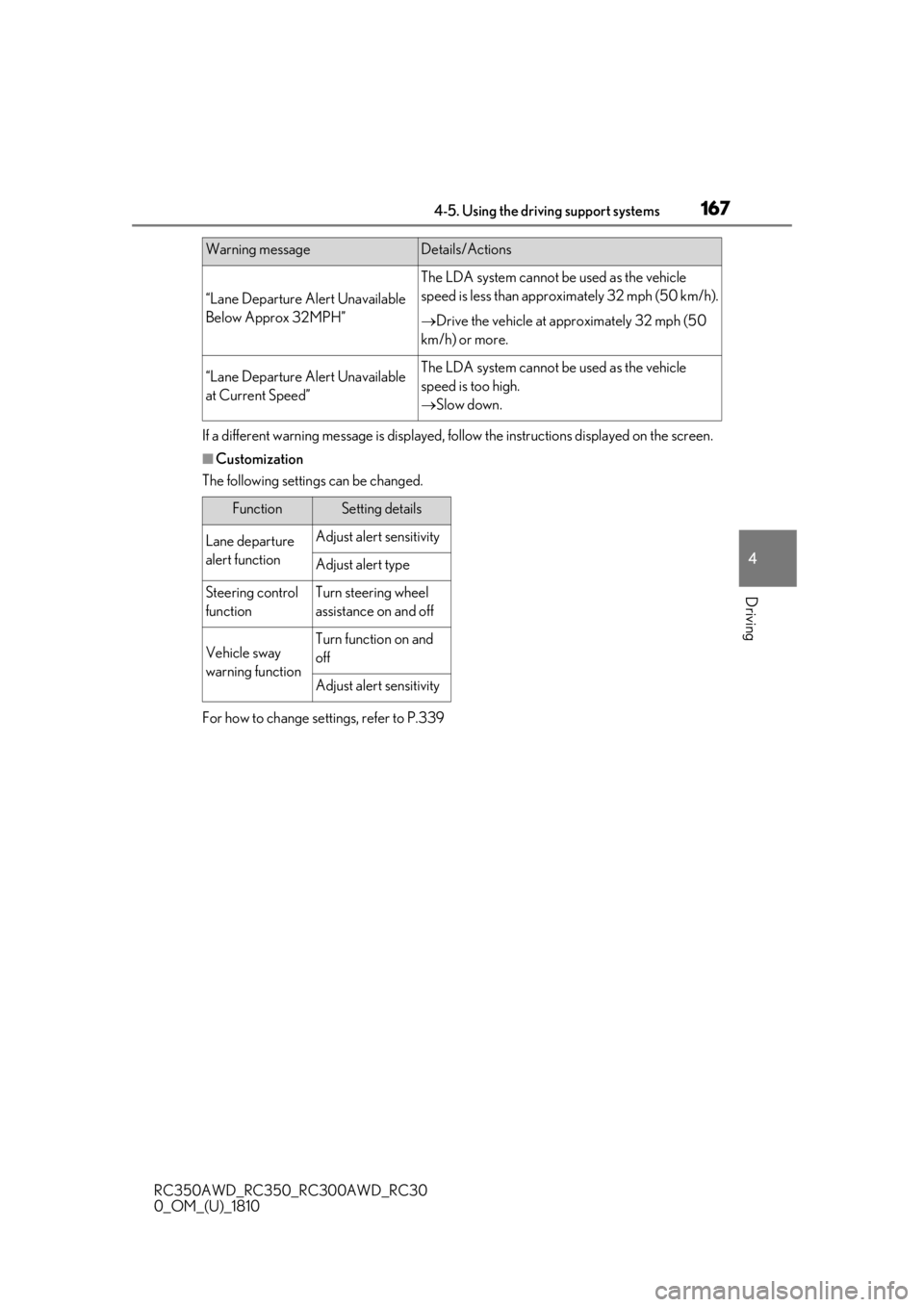 LEXUS RC350 2019 Owners Manual 1674-5. Using the driving support systems
RC350AWD_RC350_RC300AWD_RC30
0_OM_(U)_1810
4
Driving
If a different warning message is displayed, fo llow the instructions displayed on the screen.
■Customi LEXUS RC350 2019 Owners Manual 1674-5. Using the driving support systems
RC350AWD_RC350_RC300AWD_RC30
0_OM_(U)_1810
4
Driving
If a different warning message is displayed, fo llow the instructions displayed on the screen.
■Customi