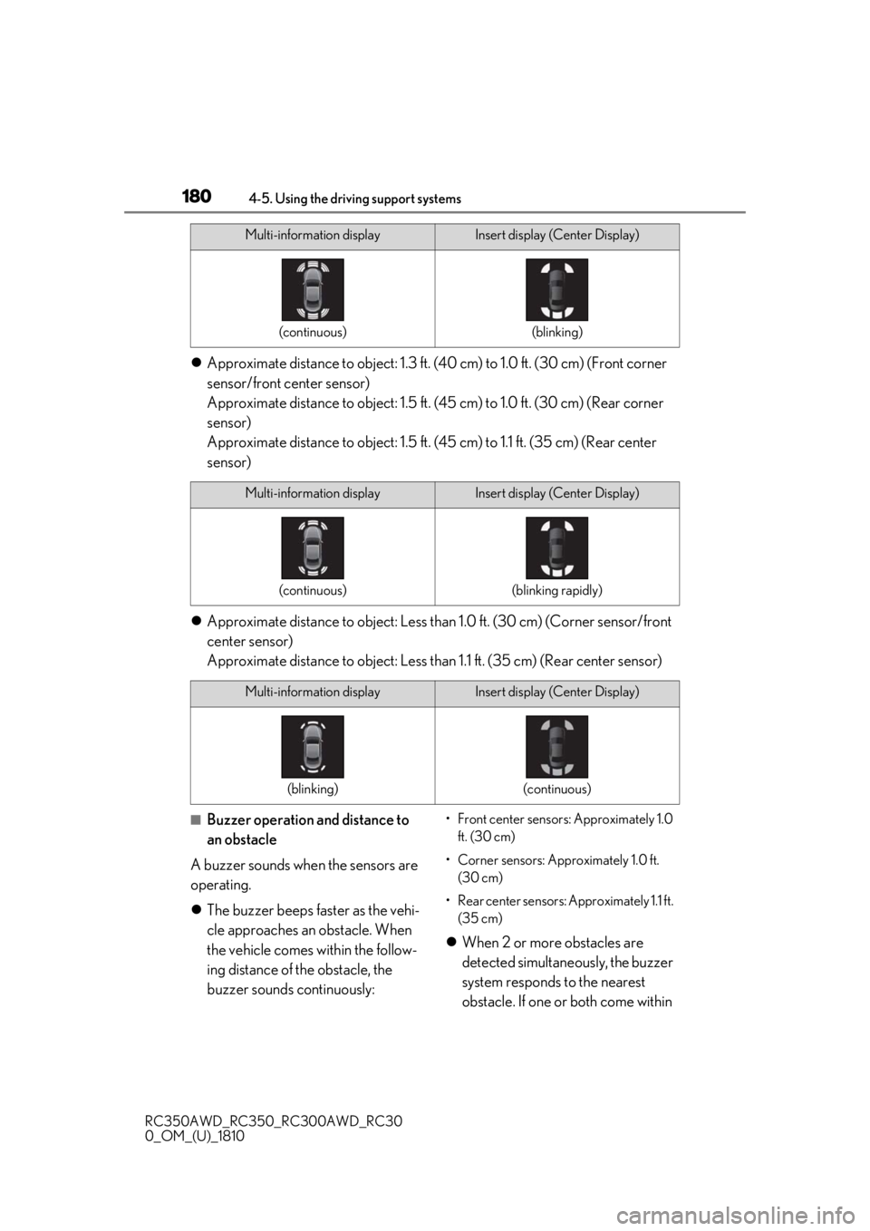 LEXUS RC350 2019  Owners Manual 1804-5. Using the driving support systems
RC350AWD_RC350_RC300AWD_RC30
0_OM_(U)_1810
Approximate distance to object: 1.3 ft. (4 0 cm) to 1.0 ft. (30 cm) (Front corner 
sensor/front center sensor)
A
