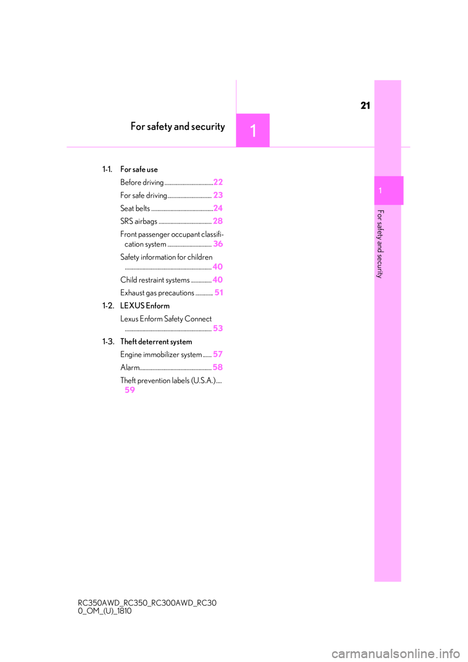 LEXUS RC350 2019  Owners Manual 21
RC350AWD_RC350_RC300AWD_RC30
0_OM_(U)_1810
1
1
For safety and security
For safety and security
.1-1. For safe useBefore driving ................................. 22
For safe driving................