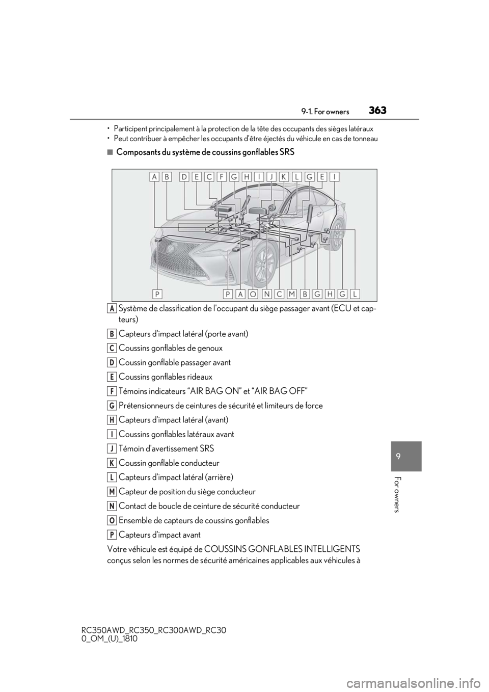 LEXUS RC350 2019 Owners Manual 3639-1. For owners
RC350AWD_RC350_RC300AWD_RC30
0_OM_(U)_1810
9
For owners
• Participent principalement à la protection de la tête des occupants des sièges latéraux
• Peut contribuer à empê LEXUS RC350 2019 Owners Manual 3639-1. For owners
RC350AWD_RC350_RC300AWD_RC30
0_OM_(U)_1810
9
For owners
• Participent principalement à la protection de la tête des occupants des sièges latéraux
• Peut contribuer à empê