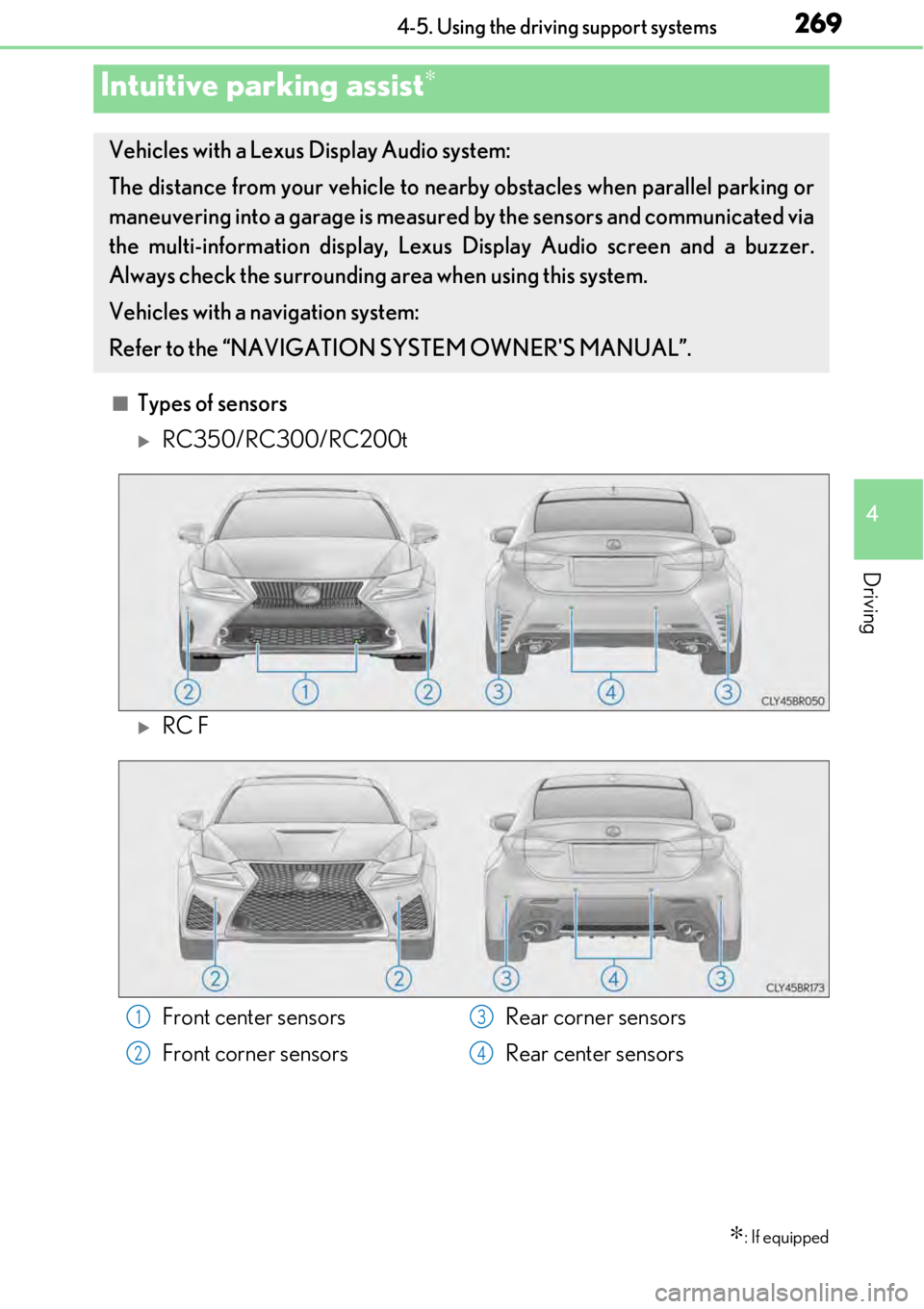 LEXUS RC350 2017 Owners Manual 2694-5. Using the driving support systems
4
Driving
■Types of sensors
RC350/RC300/RC200t
RC F
Intuitive parking assist∗
∗: If equipped
Vehicles with a Lexus Display Audio system:
The dist LEXUS RC350 2017 Owners Manual 2694-5. Using the driving support systems
4
Driving
■Types of sensors
RC350/RC300/RC200t
RC F
Intuitive parking assist∗
∗: If equipped
Vehicles with a Lexus Display Audio system:
The dist