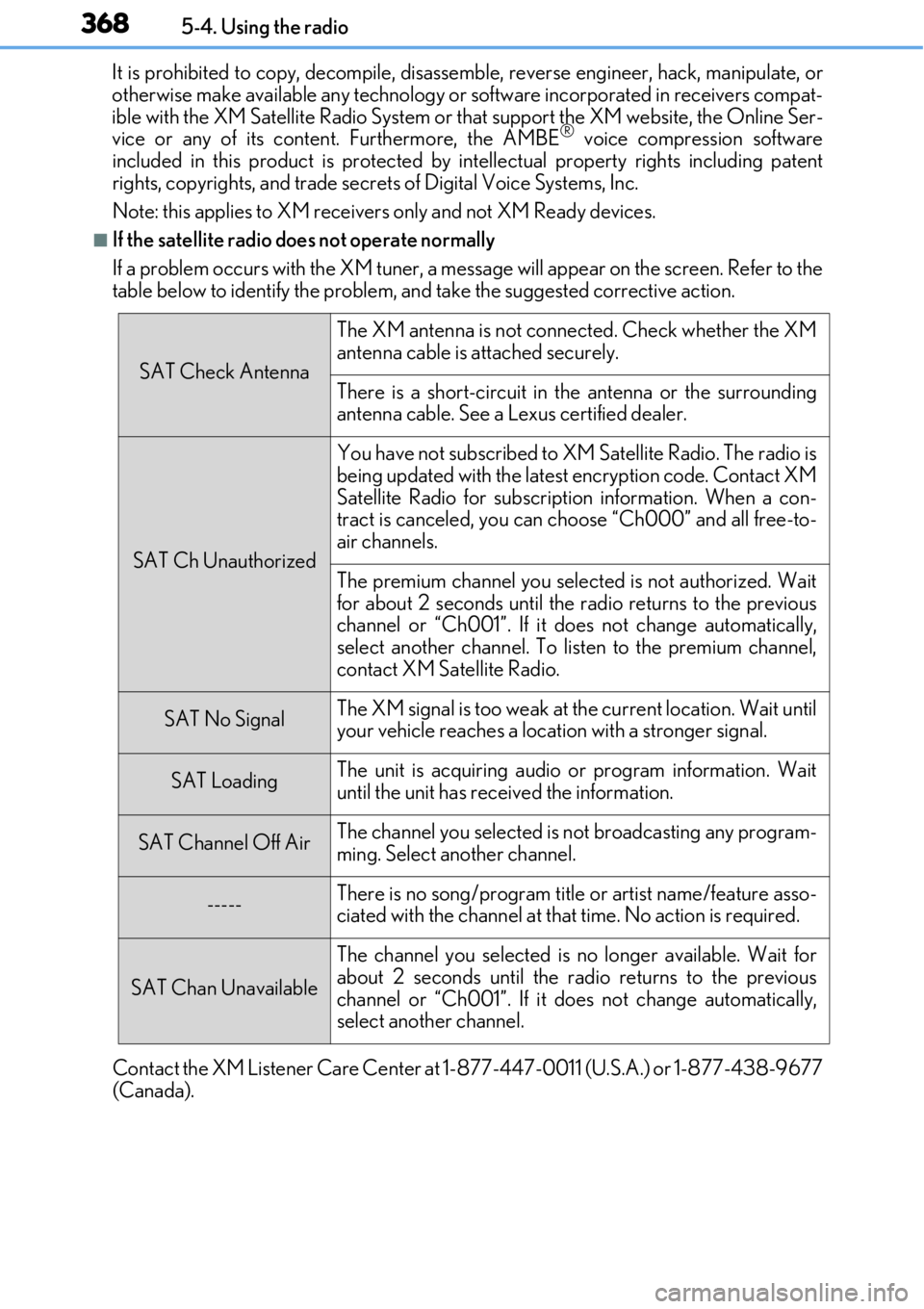 LEXUS RC350 2017 Owners Manual 3685-4. Using the radio
It is prohibited to copy, decompile, disasse mble, reverse engineer, hack, manipulate, or
otherwise make available any te chnology or software incorporated in receivers compat-