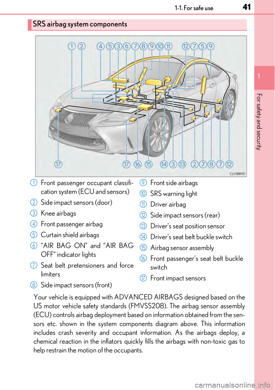 LEXUS RC350 2017 Owners Manual 411-1. For safe use
1
For safety and security
Your vehicle is equipped with ADVANCED AIRBAGS designed based on the
US motor vehicle safety standards (F MVSS208). The airbag sensor assembly
(ECU) contr LEXUS RC350 2017 Owners Manual 411-1. For safe use
1
For safety and security
Your vehicle is equipped with ADVANCED AIRBAGS designed based on the
US motor vehicle safety standards (F MVSS208). The airbag sensor assembly
(ECU) contr