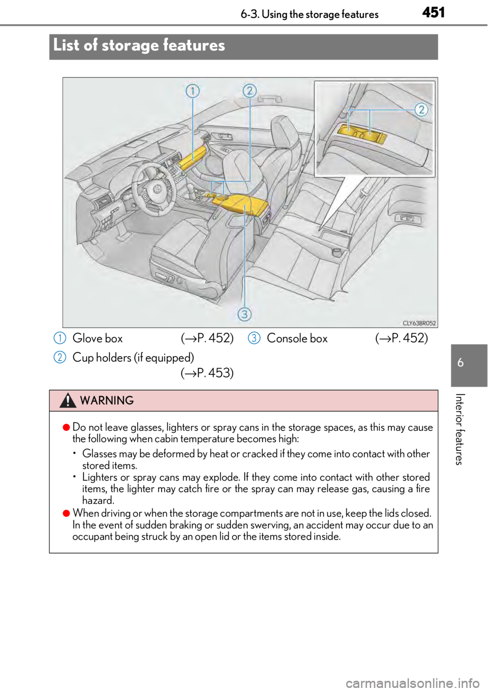 LEXUS RC350 2017  Owners Manual 451
6
Interior features
6-3. Using the storage features
List of storage features
Glove box  (→P. 452)
Cup holders (if equipped) (→P. 453) Console box  (→
P. 452)
WARNING
●Do not leave glasses,