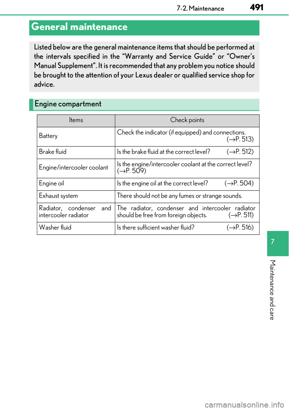 LEXUS RC350 2017 Owners Guide 4917-2. Maintenance
7
Maintenance and care
General maintenance
Listed below are the general maintenance items that should be performed at
the intervals specified in the “Warranty and Service Guide LEXUS RC350 2017 Owners Guide 4917-2. Maintenance
7
Maintenance and care
General maintenance
Listed below are the general maintenance items that should be performed at
the intervals specified in the “Warranty and Service Guide