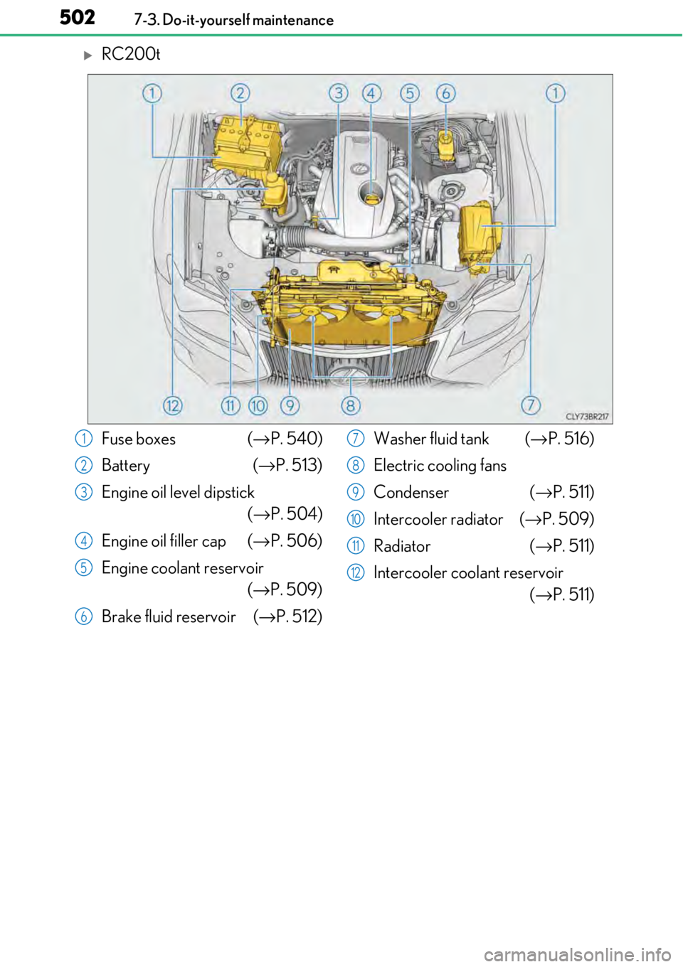 LEXUS RC350 2017 Owners Manual 5027-3. Do-it-yourself maintenance
RC200t
Fuse boxes (→P. 540)
Battery ( →P. 513)
Engine oil level dipstick (→P. 504)
Engine oil filler cap (→ P. 506)
Engine coolant reservoir (→ P. 509 LEXUS RC350 2017 Owners Manual 5027-3. Do-it-yourself maintenance
RC200t
Fuse boxes (→P. 540)
Battery ( →P. 513)
Engine oil level dipstick (→P. 504)
Engine oil filler cap (→ P. 506)
Engine coolant reservoir (→ P. 509