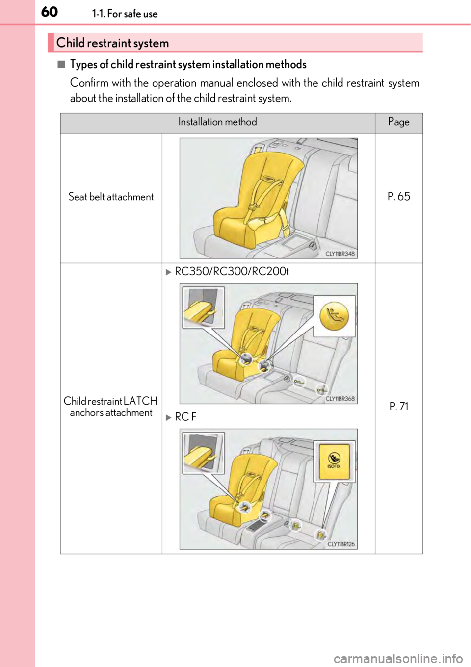 LEXUS RC350 2017 Workshop Manual 601-1. For safe use
■Types of child restraint system installation methods
Confirm with the operation manual enclosed with the child restraint system
about the installation of the child restraint sy LEXUS RC350 2017 Workshop Manual 601-1. For safe use
■Types of child restraint system installation methods
Confirm with the operation manual enclosed with the child restraint system
about the installation of the child restraint sy