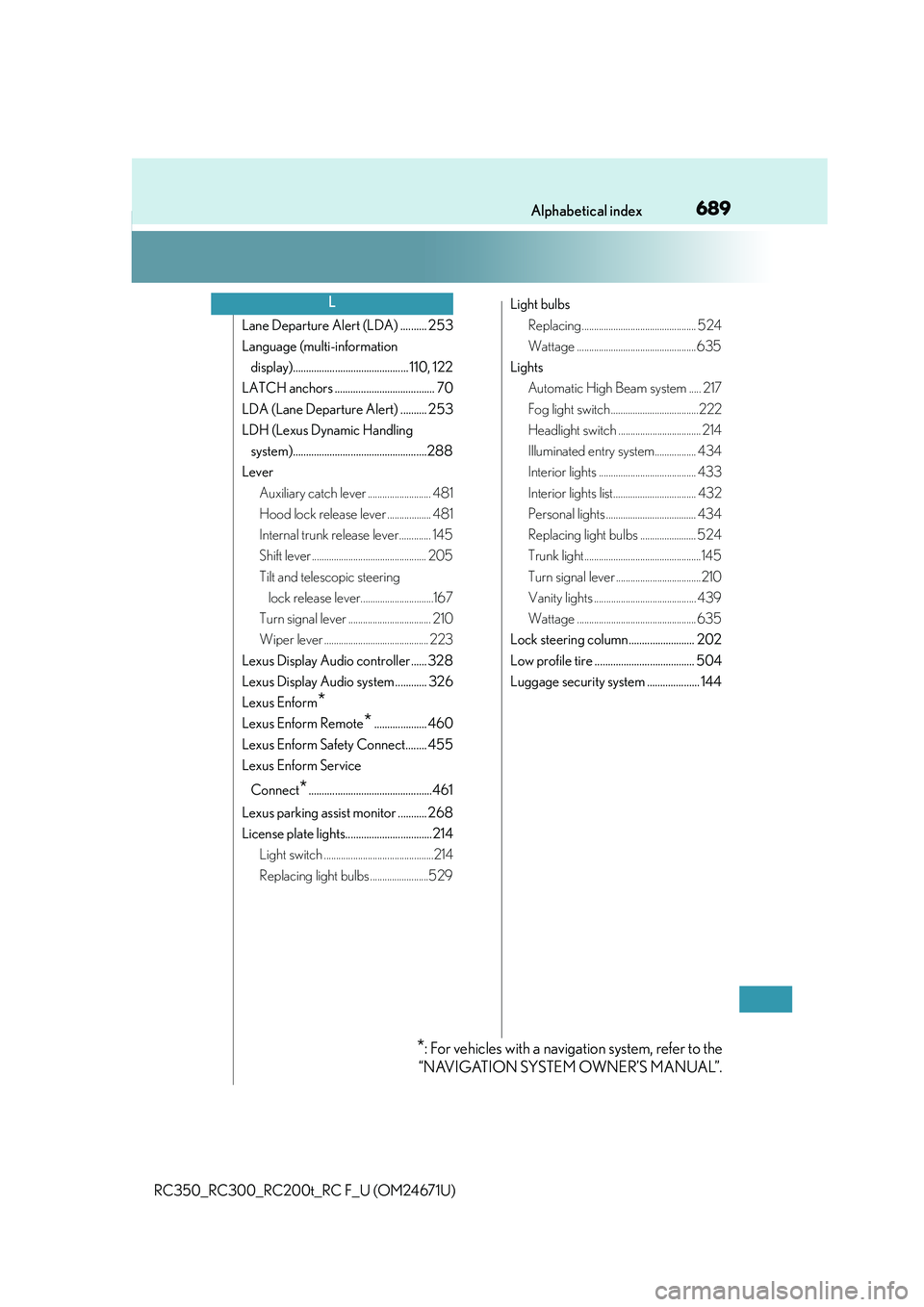 LEXUS RC350 2016  Owners Manual 689Alphabetical index
RC350_RC300_RC200t_RC F_U (OM24671U)
Lane Departure Alert (LDA) .......... 253
Language (multi-information display)............................................ 110, 122
LATCH anc