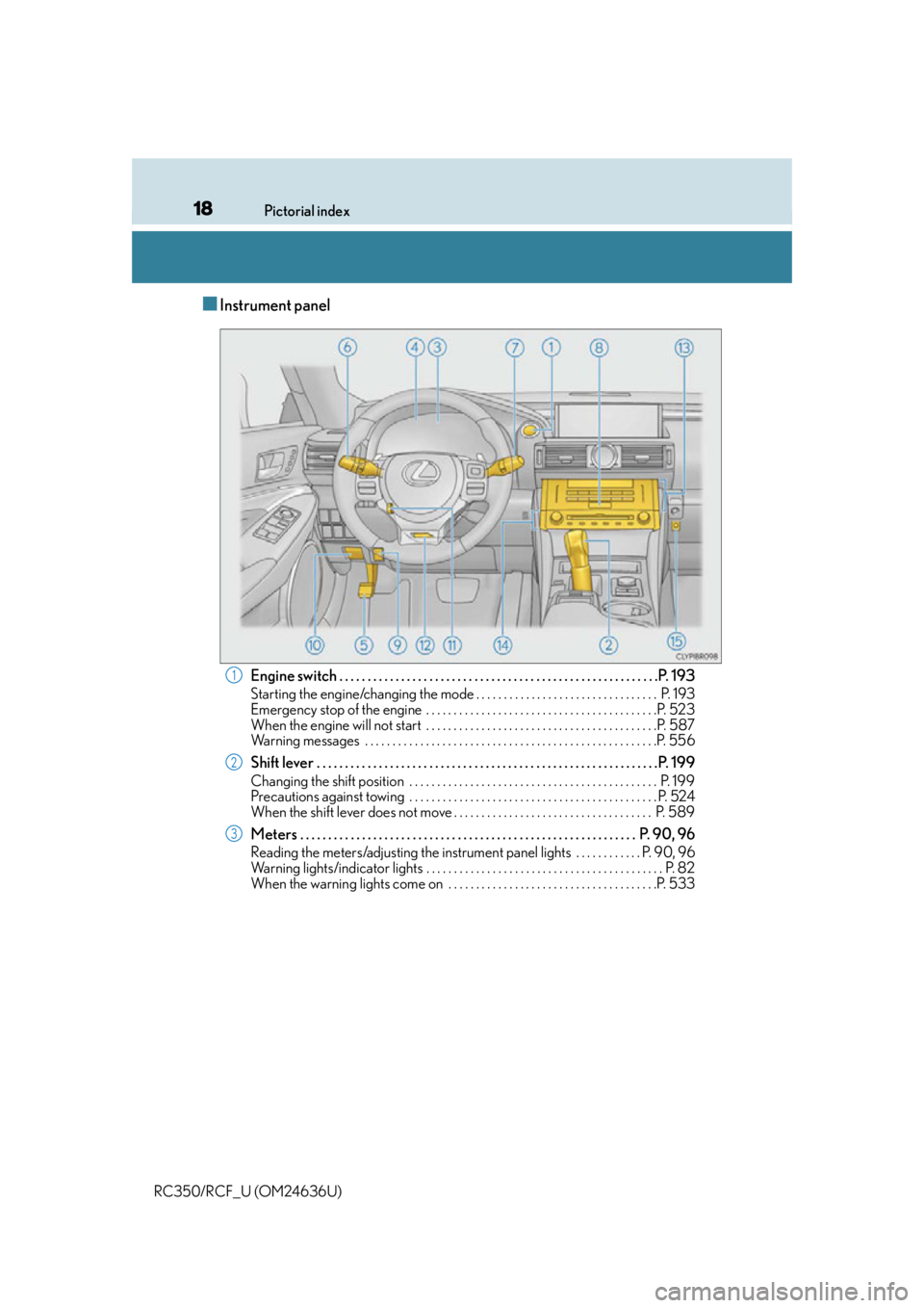 LEXUS RC350 2015 User Guide 18Pictorial index
RC350/RCF_U (OM24636U)
■Instrument panel
Engine switch . . . . . . . . . . . . . . . . . . . . . . . . . . . . . . . . . . . . . . . . . . . . . . . . . . . . . . . . . P. 1 9 3
S LEXUS RC350 2015 User Guide 18Pictorial index
RC350/RCF_U (OM24636U)
■Instrument panel
Engine switch . . . . . . . . . . . . . . . . . . . . . . . . . . . . . . . . . . . . . . . . . . . . . . . . . . . . . . . . . P. 1 9 3
S