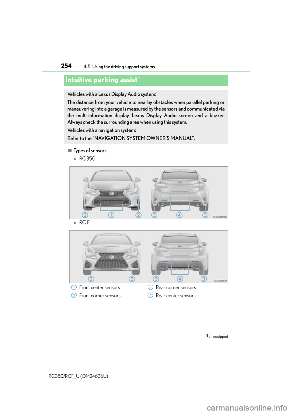 LEXUS RC350 2015 Owners Manual 2544-5. Using the driving support systems
RC350/RCF_U (OM24636U)
■Types of sensors
RC350
RC F
Intuitive parking assist
: If equipped
Vehicles with a Lexus Display Audio system: 
The dist