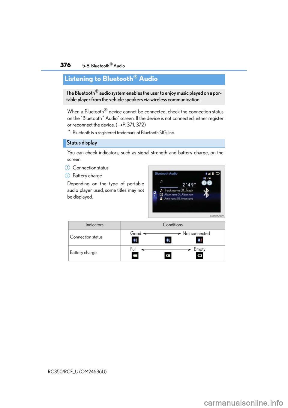 LEXUS RC350 2015 Owners Manual 376
RC350/RCF_U (OM24636U)5-8. Bluetooth
® Audio
When a Bluetooth® device cannot be connected, check the connection status
on the “Bluetooth
* Audio” screen. If the device is not connected, eit LEXUS RC350 2015 Owners Manual 376
RC350/RCF_U (OM24636U)5-8. Bluetooth
® Audio
When a Bluetooth® device cannot be connected, check the connection status
on the “Bluetooth
* Audio” screen. If the device is not connected, eit