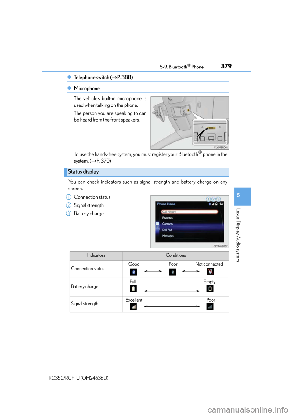 LEXUS RC350 2015 Owners Manual 3795-9. Bluetooth® Phone
5
Lexus Display Audio system
RC350/RCF_U (OM24636U)
◆Te l e p h o n e s w i t c h (P. 388)
◆Microphone
The vehicle’s built-in microphone is
used when talking on th LEXUS RC350 2015 Owners Manual 3795-9. Bluetooth® Phone
5
Lexus Display Audio system
RC350/RCF_U (OM24636U)
◆Te l e p h o n e s w i t c h (P. 388)
◆Microphone
The vehicle’s built-in microphone is
used when talking on th