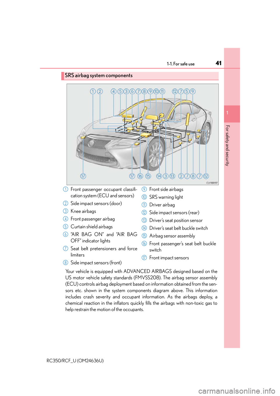 LEXUS RC350 2015 Owners Manual 411-1. For safe use
1
For safety and security
RC350/RCF_U (OM24636U)
Your vehicle is equipped with ADVANCED AIRBAGS designed based on the
US motor vehicle safety standards (FMVSS208). The airbag senso LEXUS RC350 2015 Owners Manual 411-1. For safe use
1
For safety and security
RC350/RCF_U (OM24636U)
Your vehicle is equipped with ADVANCED AIRBAGS designed based on the
US motor vehicle safety standards (FMVSS208). The airbag senso
