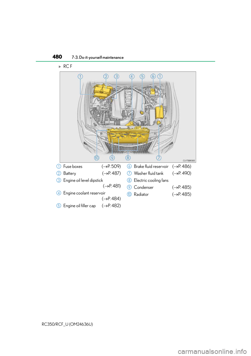 LEXUS RC350 2015  Owners Manual 4807-3. Do-it-yourself maintenance
RC350/RCF_U (OM24636U)
RC F
Fuse boxes  ( P.  5 0 9 )
Battery ( P.  4 8 7 )
Engine oil level dipstick  (P.  4 8 1 )
Engine coolant reservoir  (P.  4 8