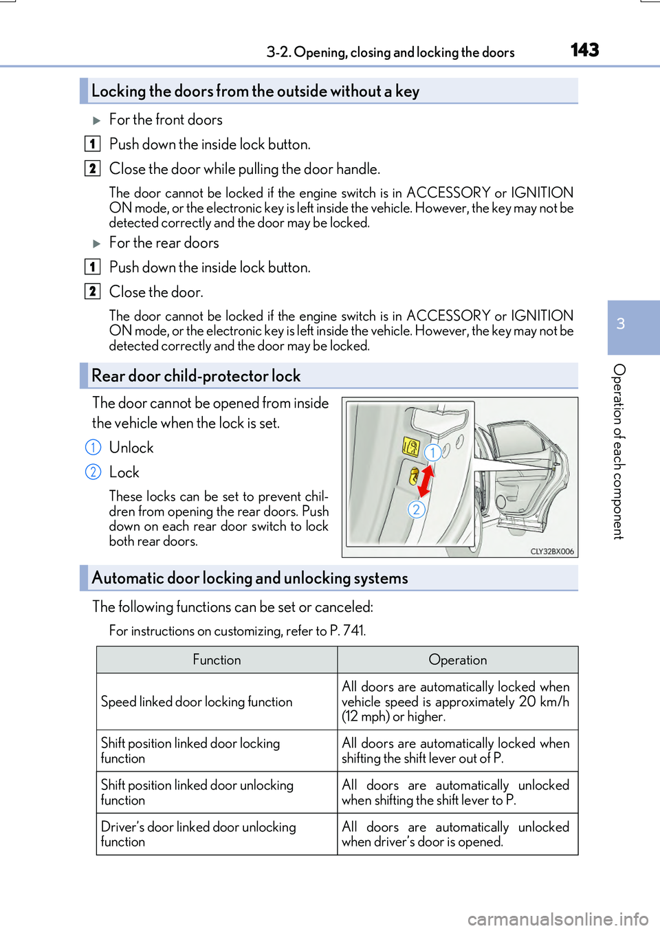 LEXUS RX200T 2017 Owners Manual 1433-2. Opening, closing and locking the doors
3
Operation of each component
RX350/RX200t_EE_OM48F32E
For the front doors
Push down the inside lock button.
Close the door while pulling the door h LEXUS RX200T 2017 Owners Manual 1433-2. Opening, closing and locking the doors
3
Operation of each component
RX350/RX200t_EE_OM48F32E
For the front doors
Push down the inside lock button.
Close the door while pulling the door h