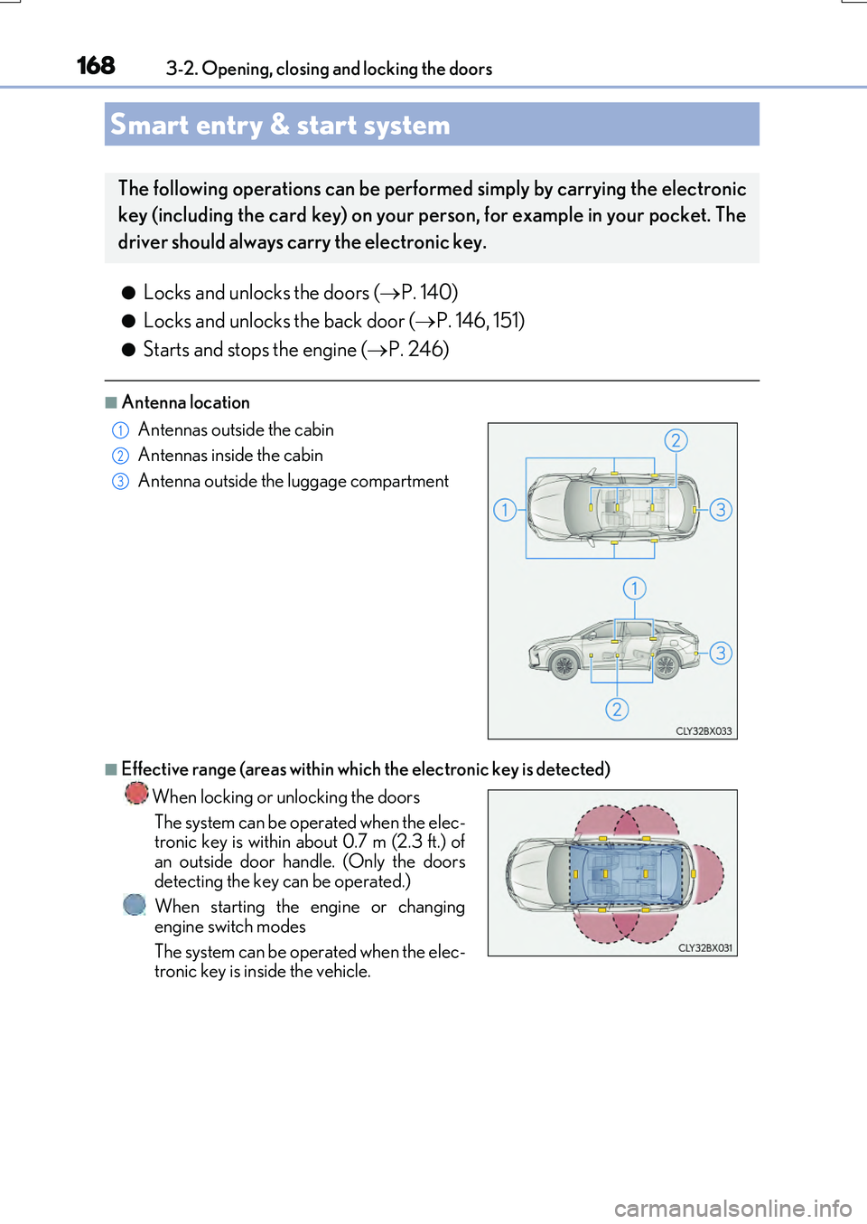LEXUS RX200T 2017 Owners Manual 1683-2. Opening, closing and locking the doors
RX350/RX200t_EE_OM48F32E
●Locks and unlocks the doors (P. 140)
●Locks and unlocks the back door (P. 146, 151)
●Starts and stops the engine (