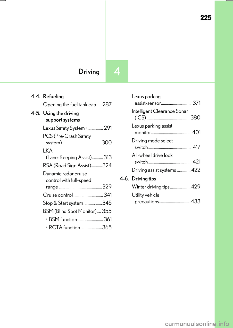 LEXUS RX200T 2017 Owners Manual 225
4Driving
RX350/RX200t_EE_OM48F32E
4-4. Refueling 
Opening the fuel tank cap...... 287 
4-5.  Using the driving  
support systems 
Lexus Safety System+ ............... 291 
PCS (Pre-Crash Safety  
