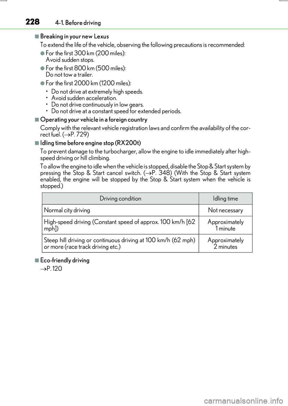 LEXUS RX200T 2017 Owners Guide 2284-1. Before driving
RX350/RX200t_EE_OM48F32E
■Breaking in your new Lexus
To extend the life of the vehicle, observing the following precautions is recommended:
●For the first 300 km (200 mile LEXUS RX200T 2017 Owners Guide 2284-1. Before driving
RX350/RX200t_EE_OM48F32E
■Breaking in your new Lexus
To extend the life of the vehicle, observing the following precautions is recommended:
●For the first 300 km (200 mile