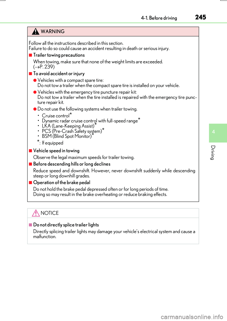 LEXUS RX200T 2017 Owners Manual 2454-1. Before driving
4
Driving
RX350/RX200t_EE_OM48F32E
WARNING
Follow all the instructions described in this section. Failure to do so could cause an accident resulting in death or serious injury. LEXUS RX200T 2017 Owners Manual 2454-1. Before driving
4
Driving
RX350/RX200t_EE_OM48F32E
WARNING
Follow all the instructions described in this section. Failure to do so could cause an accident resulting in death or serious injury.