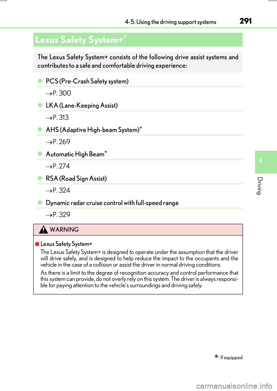 LEXUS RX200T 2017  Owners Manual 291
4
Driving
RX350/RX200t_EE_OM48F32E 
4-5. Using the driving support systems
◆PCS (Pre-Crash Safety system) 
 P. 300
◆LKA (Lane-Keeping Assist) 
 P. 313
◆AHS (Adaptive High-beam System)
