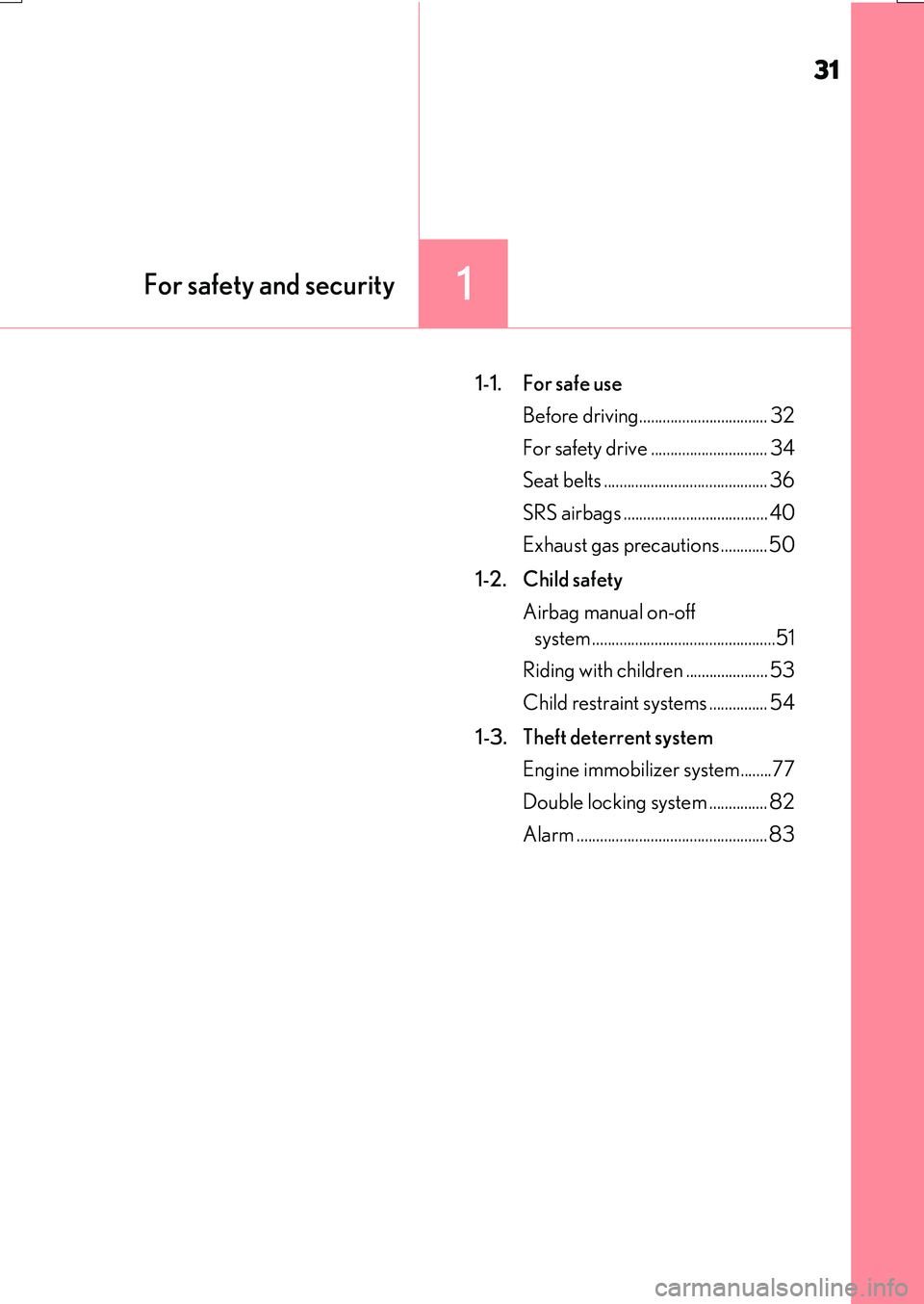 LEXUS RX200T 2017 Owners Guide 31
1For safety and security
RX350/RX200t_EE_OM48F32E
1-1. For safe use
Before driving................................. 32
For safety drive .............................. 34
Seat belts .............. LEXUS RX200T 2017 Owners Guide 31
1For safety and security
RX350/RX200t_EE_OM48F32E
1-1. For safe use
Before driving................................. 32
For safety drive .............................. 34
Seat belts ..............