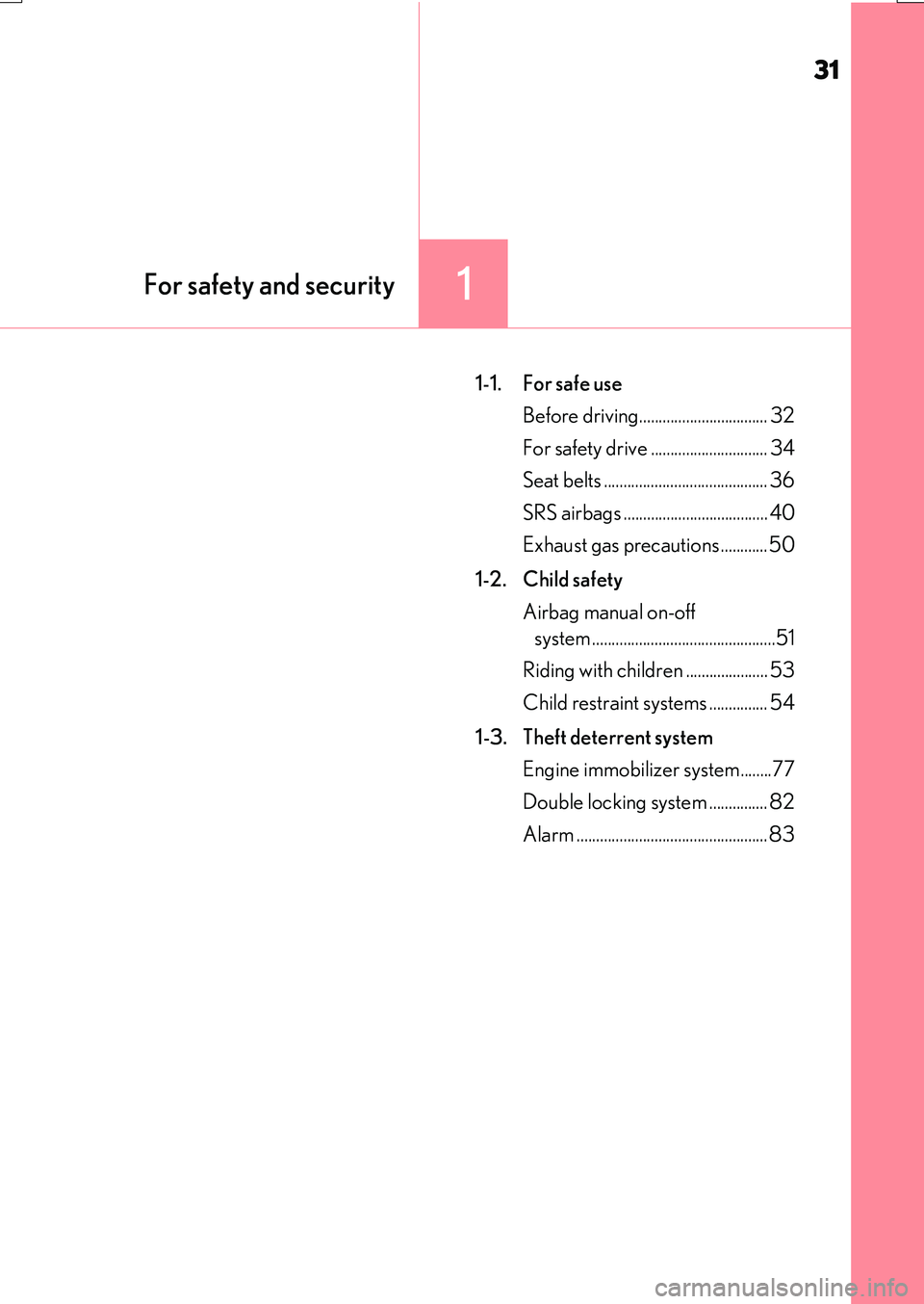 LEXUS RX200T 2017  Owners Manual 31
1For safety and security
RX350/RX200t_EE_OM48F32E
1-1.  For safe use 
Before driving................................. 32
For safety drive .............................. 34
Seat belts ..............