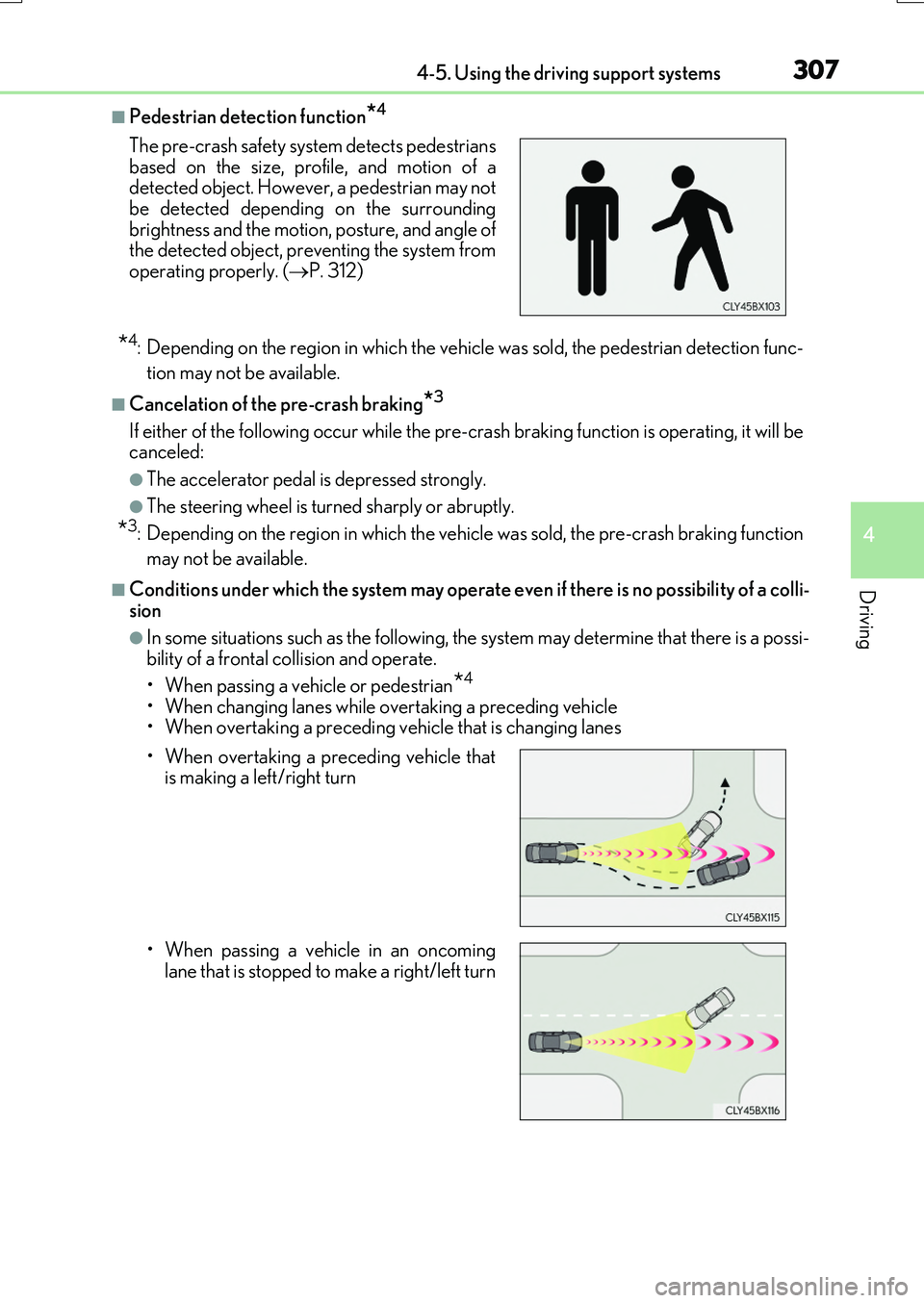 LEXUS RX200T 2017 Owners Manual 3074-5. Using the driving support systems
4
Driving
RX350/RX200t_EE_OM48F32E
■Pedestrian detection function*4
*4: Depending on the region in which the vehicle was sold, the pedestrian detection func LEXUS RX200T 2017 Owners Manual 3074-5. Using the driving support systems
4
Driving
RX350/RX200t_EE_OM48F32E
■Pedestrian detection function*4
*4: Depending on the region in which the vehicle was sold, the pedestrian detection func