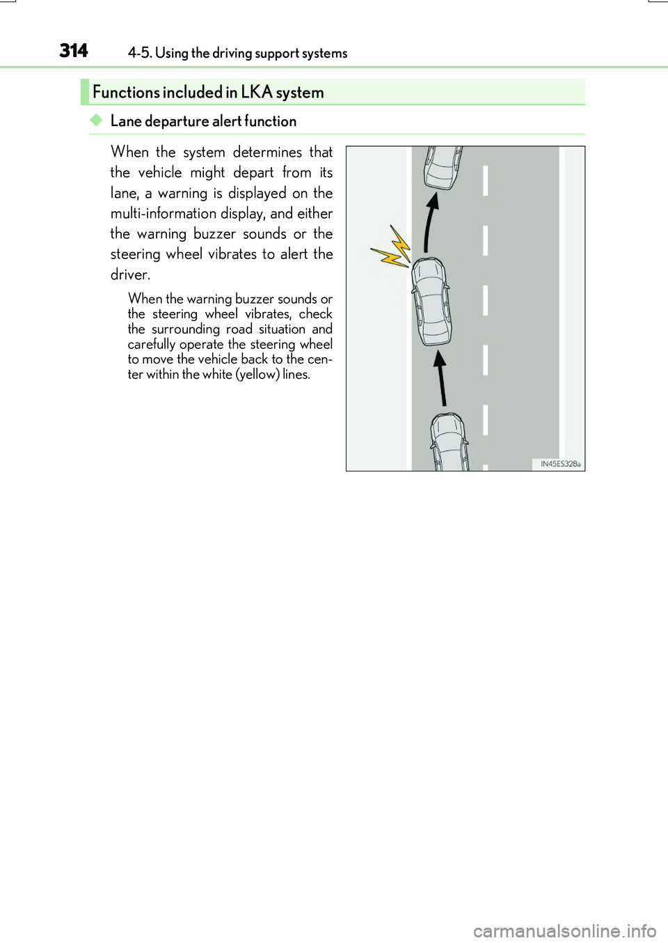 LEXUS RX200T 2017 Manual PDF 3144-5. Using the driving support systems
RX350/RX200t_EE_OM48F32E
◆Lane departure alert function 
When the system determines that 
the vehicle might depart from its 
lane, a warning is displayed on