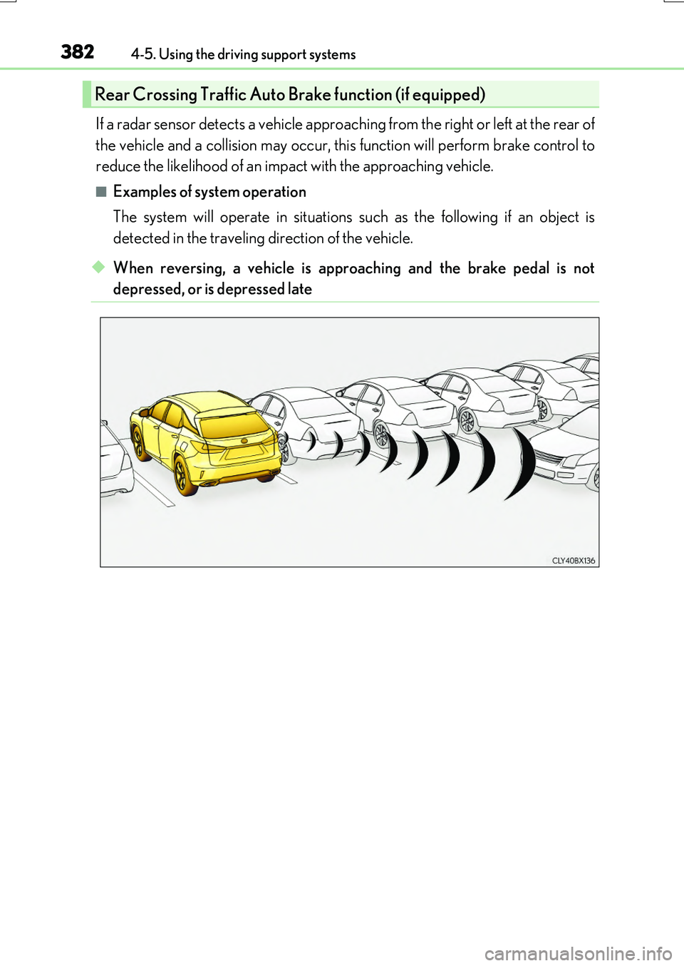 LEXUS RX200T 2017 User Guide 3824-5. Using the driving support systems
RX350/RX200t_EE_OM48F32E
If a radar sensor detects a vehicle approaching from the right or left at the rear of 
the vehicle and a collision may occur, this fu