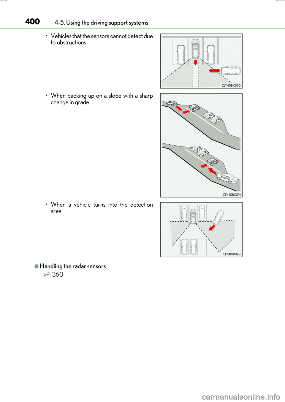 LEXUS RX200T 2017 Owners Manual 4004-5. Using the driving support systems
RX350/RX200t_EE_OM48F32E
■Handling the radar sensors
P. 360
• Vehicles that the sensors cannot detect due
to obstructions
• When backing up on LEXUS RX200T 2017 Owners Manual 4004-5. Using the driving support systems
RX350/RX200t_EE_OM48F32E
■Handling the radar sensors
P. 360
• Vehicles that the sensors cannot detect due
to obstructions
• When backing up on