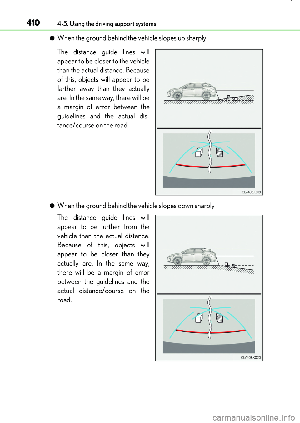 LEXUS RX200T 2017 Owners Manual 4104-5. Using the driving support systems
RX350/RX200t_EE_OM48F32E
●When the ground behind the vehicle slopes up sharply
The distance guide lines will
appear to be closer to the vehicle
than the LEXUS RX200T 2017 Owners Manual 4104-5. Using the driving support systems
RX350/RX200t_EE_OM48F32E
●When the ground behind the vehicle slopes up sharply
The distance guide lines will
appear to be closer to the vehicle
than the