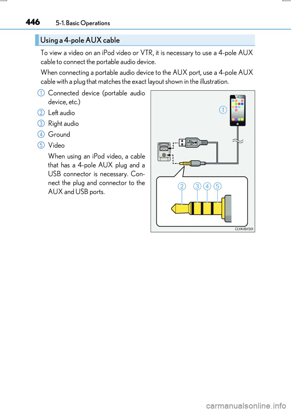 LEXUS RX200T 2017 Owners Manual 4465-1. Basic Operations
RX350/RX200t_EE_OM48F32E
To view a video on an iPod video or VTR, it is necessary to use a 4-pole AUX
cable to connect the portable audio device.
When connecting a portable LEXUS RX200T 2017 Owners Manual 4465-1. Basic Operations
RX350/RX200t_EE_OM48F32E
To view a video on an iPod video or VTR, it is necessary to use a 4-pole AUX
cable to connect the portable audio device.
When connecting a portable