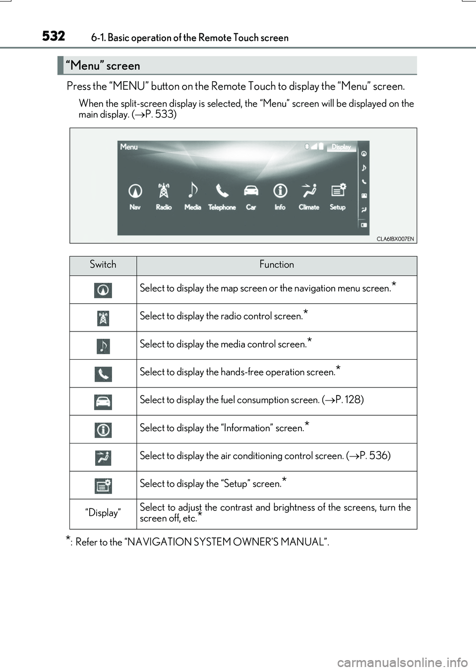 LEXUS RX200T 2017 Owners Manual 5326-1. Basic operation of the Remote Touch screen
RX350/RX200t_EE_OM48F32E
Press the “MENU” button on the Remote Touch to display the “Menu” screen.
When the split-screen display is selected, LEXUS RX200T 2017 Owners Manual 5326-1. Basic operation of the Remote Touch screen
RX350/RX200t_EE_OM48F32E
Press the “MENU” button on the Remote Touch to display the “Menu” screen.
When the split-screen display is selected,