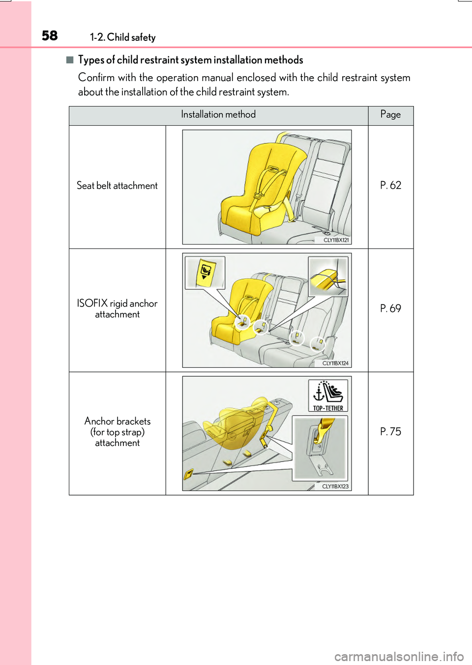 LEXUS RX200T 2017 Workshop Manual 581-2. Child safety
RX350/RX200t_EE_OM48F32E
■Types of child restraint system installation methods
Confirm with the operation manual enclosed with the child restraint system
about the installation LEXUS RX200T 2017 Workshop Manual 581-2. Child safety
RX350/RX200t_EE_OM48F32E
■Types of child restraint system installation methods
Confirm with the operation manual enclosed with the child restraint system
about the installation