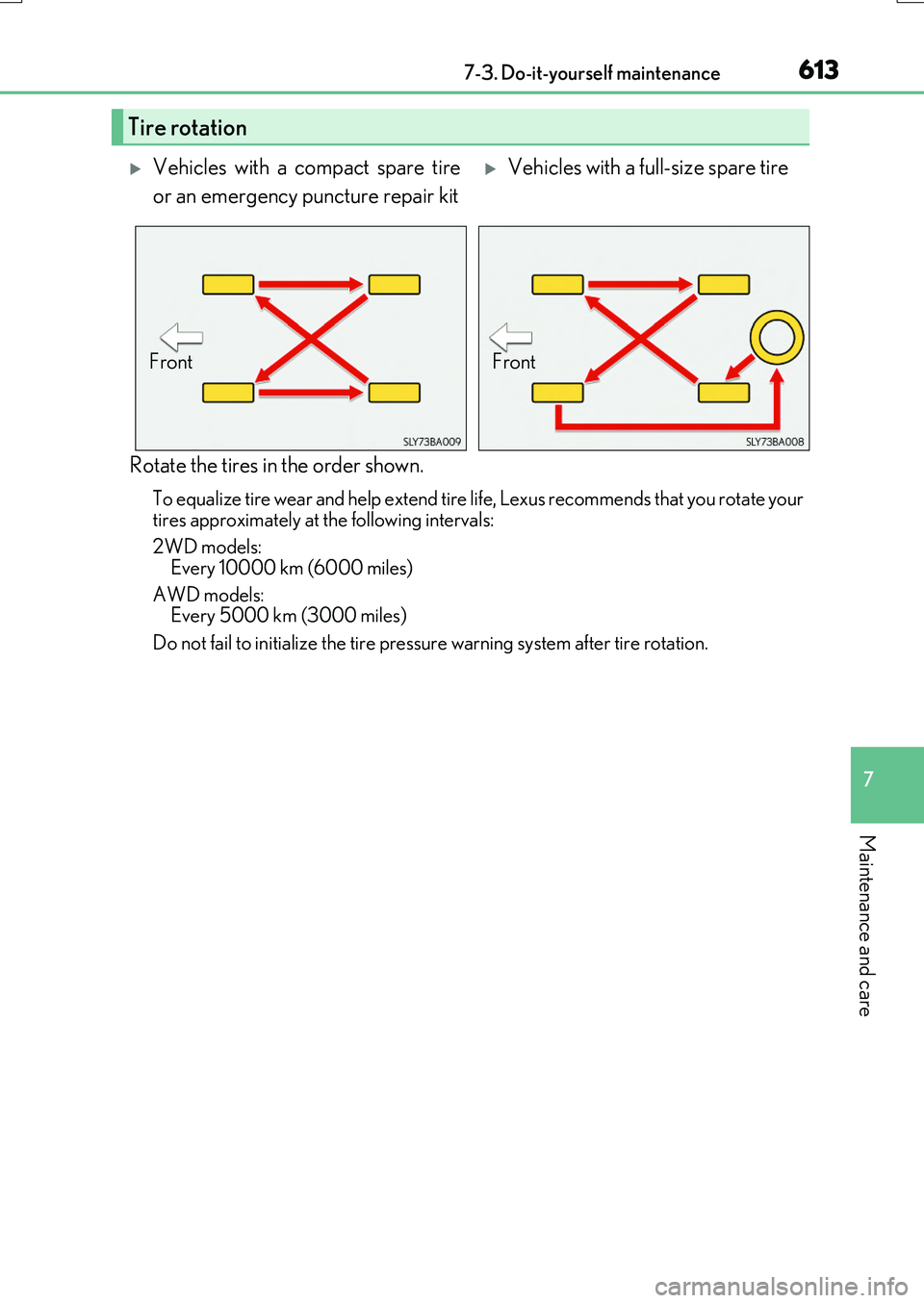 LEXUS RX200T 2017 Owners Manual 6137-3. Do-it-yourself maintenance
7
Maintenance and care
RX350/RX200t_EE_OM48F32E
Rotate the tires in the order shown.
To equalize tire wear and help extend tire life, Lexus recommends that you rotat LEXUS RX200T 2017 Owners Manual 6137-3. Do-it-yourself maintenance
7
Maintenance and care
RX350/RX200t_EE_OM48F32E
Rotate the tires in the order shown.
To equalize tire wear and help extend tire life, Lexus recommends that you rotat