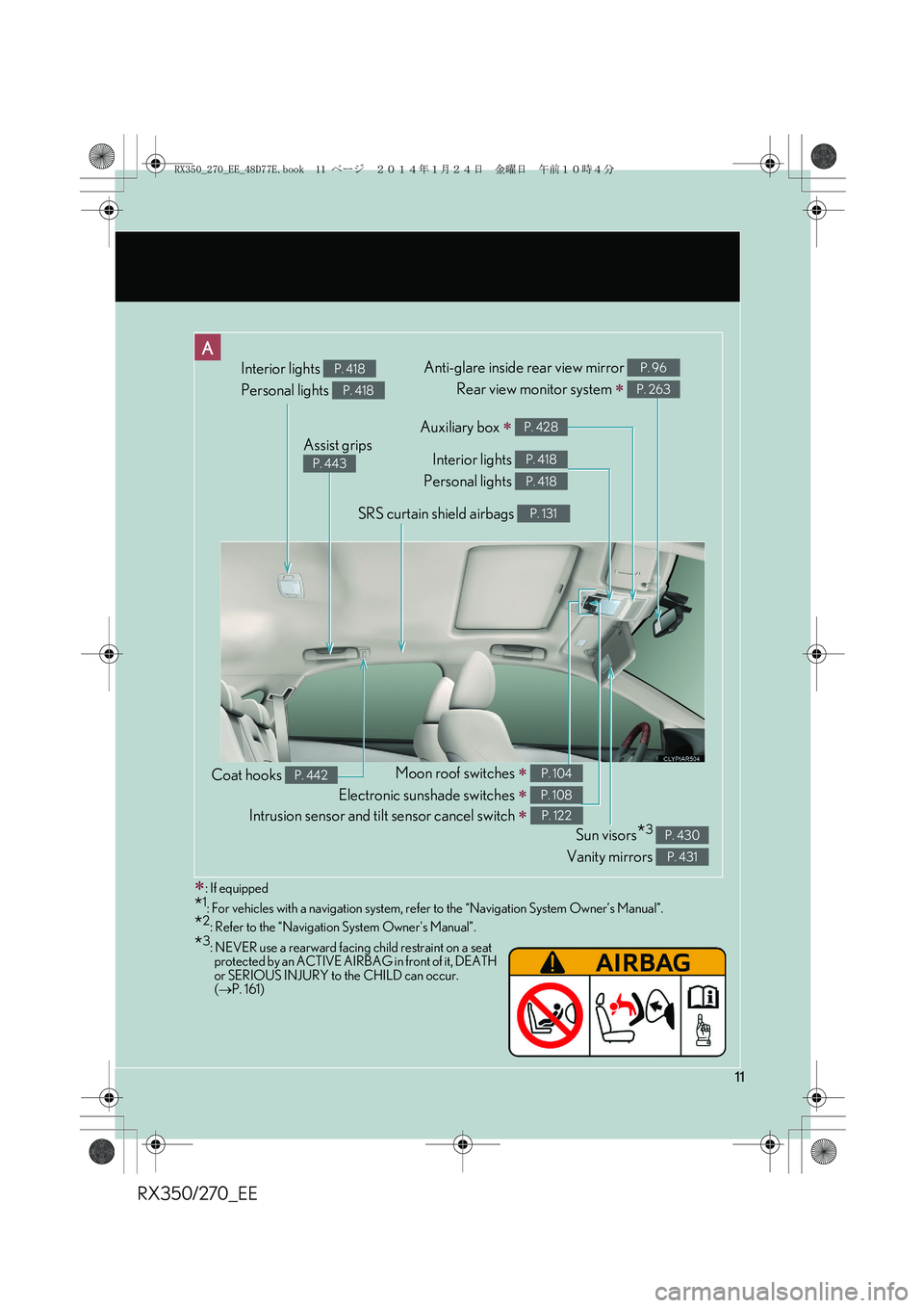 LEXUS RX270 2014  Owners Manual RX350/270_EE
11
∗: If equipped
*1: For vehicles with a navigation system, refer to the “Navigation System Owner’s Manual”.
*2: Refer to the “Navigation System Owners Manual”.
A
Interior l