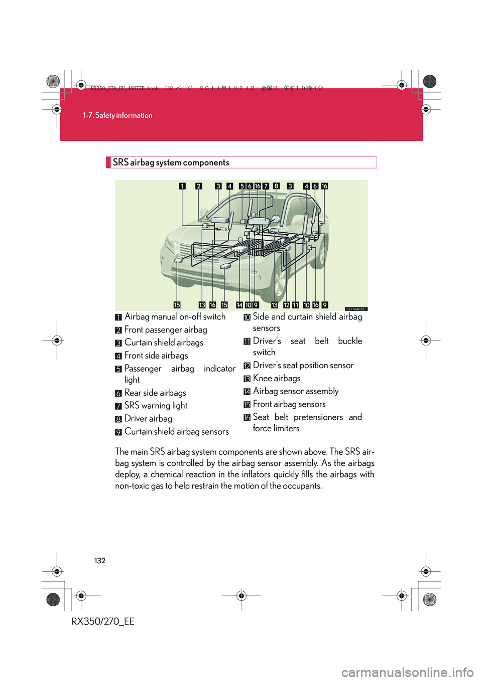 LEXUS RX270 2014 User Guide 132
1-7. Safety information
RX350/270_EE
SRS airbag system components
The main SRS airbag system components are shown above. The SRS air-
bag system is controlled by the airbag sensor assembly. As the LEXUS RX270 2014 User Guide 132
1-7. Safety information
RX350/270_EE
SRS airbag system components
The main SRS airbag system components are shown above. The SRS air-
bag system is controlled by the airbag sensor assembly. As the