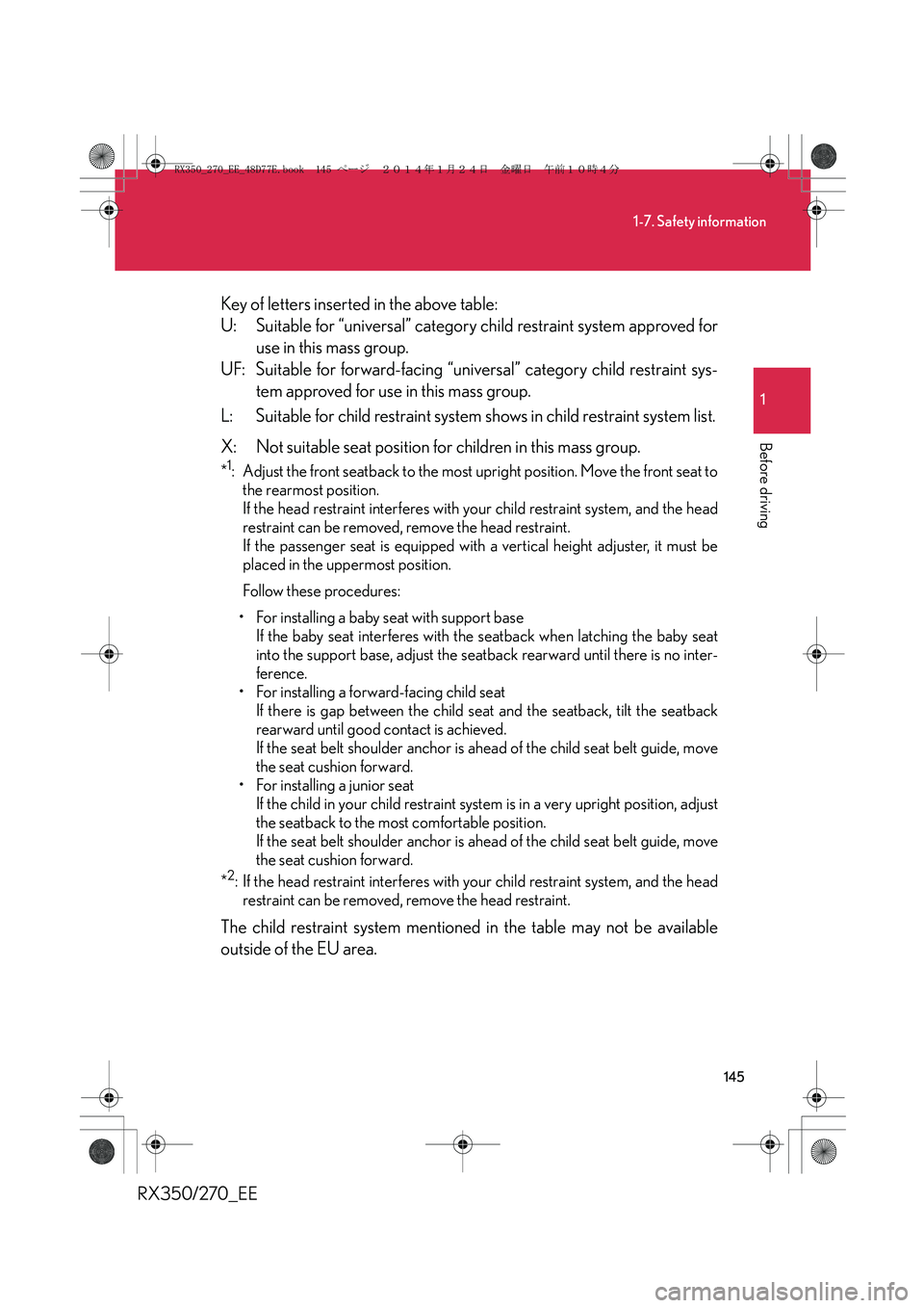 LEXUS RX270 2014 Owners Manual 145
1-7. Safety information
1
Before driving
RX350/270_EEKey of letters inserted in the above table:
U: Suitable for “universal” category child restraint system approved for
use in this mass group LEXUS RX270 2014 Owners Manual 145
1-7. Safety information
1
Before driving
RX350/270_EEKey of letters inserted in the above table:
U: Suitable for “universal” category child restraint system approved for
use in this mass group