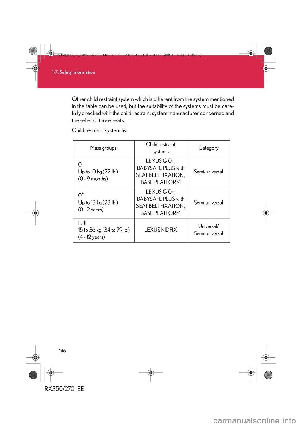 LEXUS RX270 2014 Owners Manual 146
1-7. Safety information
RX350/270_EEOther child restraint system which is different from the system mentioned
in the table can be used, but the suitability of the systems must be care-
fully check LEXUS RX270 2014 Owners Manual 146
1-7. Safety information
RX350/270_EEOther child restraint system which is different from the system mentioned
in the table can be used, but the suitability of the systems must be care-
fully check
