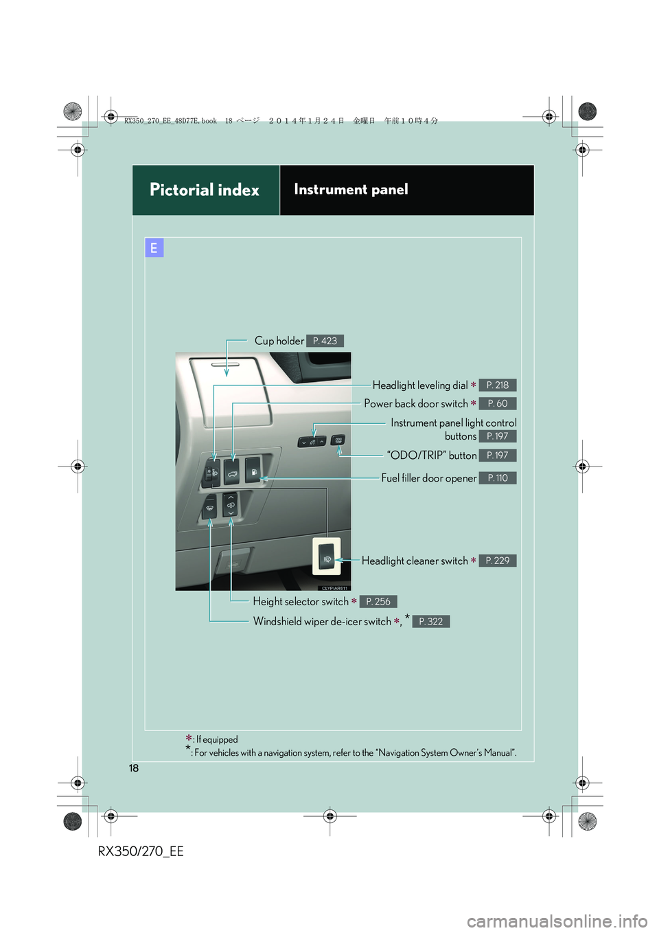 LEXUS RX270 2014 User Guide RX350/270_EE
18
Pictorial indexInstrument panel 
∗
: If equipped
*: For vehicles with a navigation system, refer to the “Navigation System Owner’s Manual”.
Headlight cleaner switch ∗ P. 229
