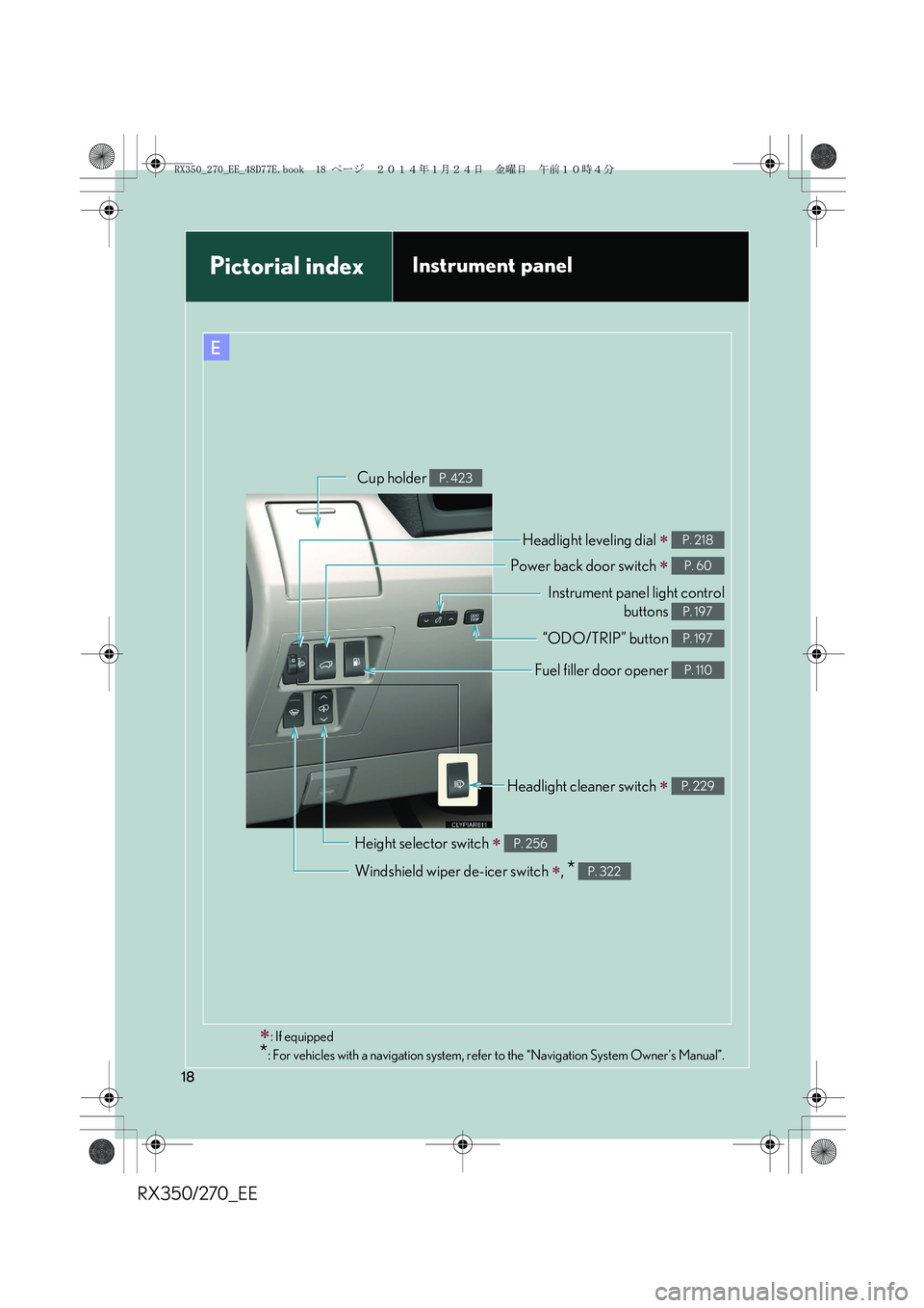 LEXUS RX270 2014  Owners Manual RX350/270_EE
18
Pictorial indexInstrument panel 
∗
: If equipped
*: For vehicles with a navigation system, refer to the “Navigation System Owner’s Manual”.
Headlight cleaner switch ∗ P. 229
