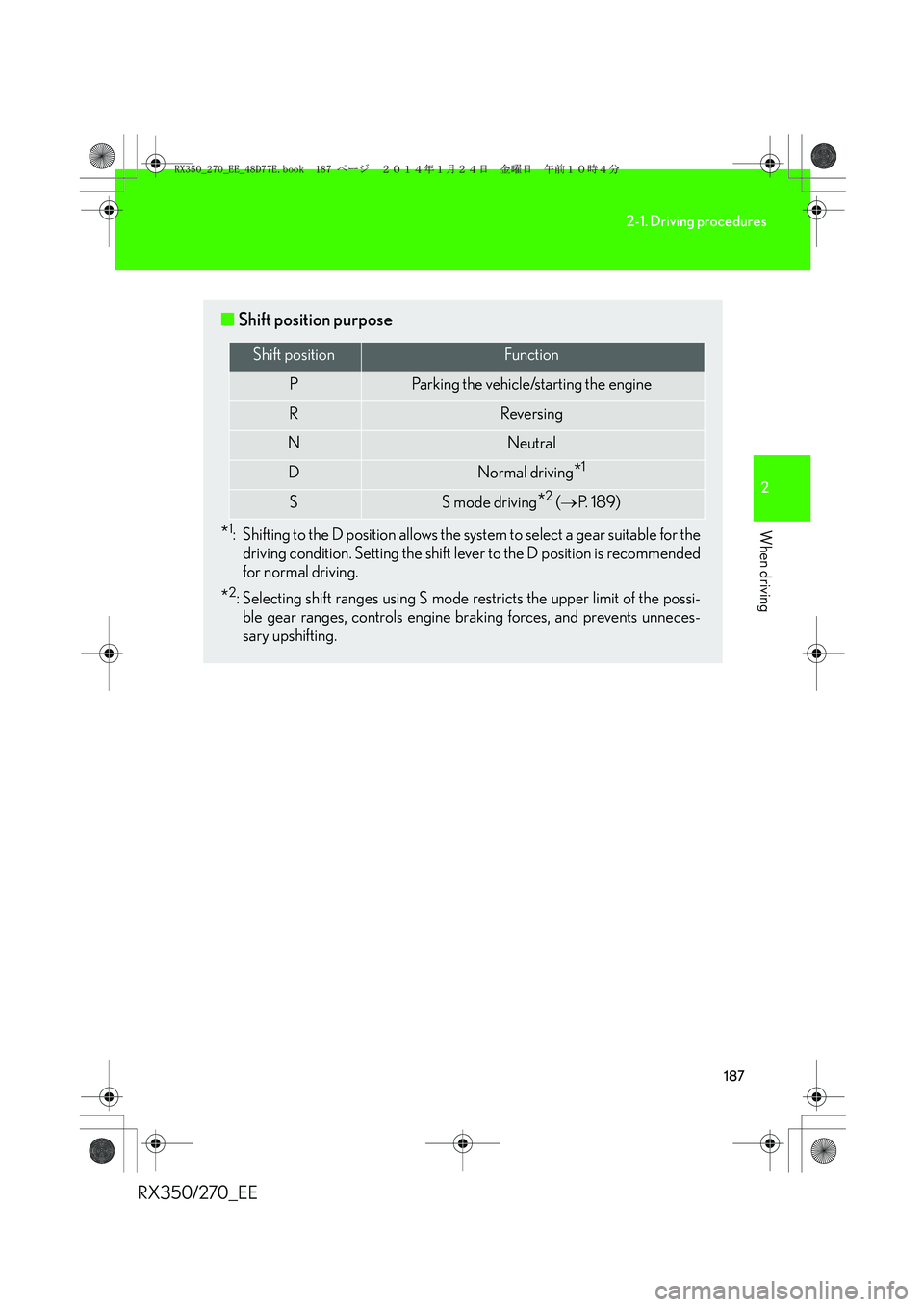 LEXUS RX270 2014 Owners Manual 187
2-1. Driving procedures
2
When driving
RX350/270_EE
■Shift position purpose
*1: Shifting to the D position allows the system to select a gear suitable for the
driving condition. Setting the shif LEXUS RX270 2014 Owners Manual 187
2-1. Driving procedures
2
When driving
RX350/270_EE
■Shift position purpose
*1: Shifting to the D position allows the system to select a gear suitable for the
driving condition. Setting the shif