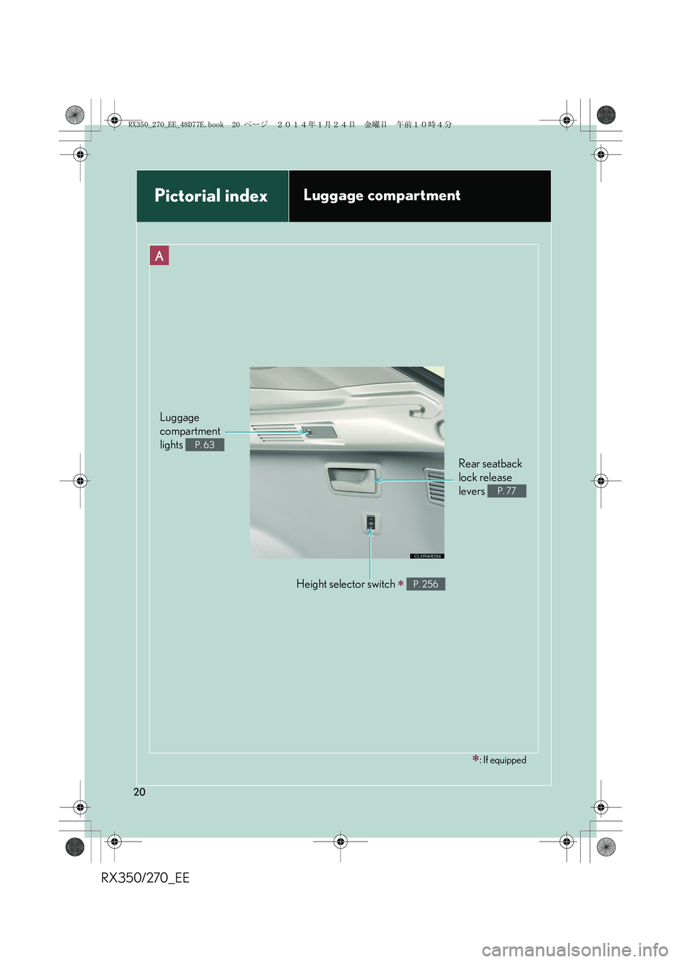 LEXUS RX270 2014 User Guide RX350/270_EE
20
Pictorial indexLuggage compartment
A
Luggage 
compartment
lights 
P. 63
Rear seatback 
lock release 
levers 
P. 77
Height selector switch ∗ P. 256
∗: If equipped
RX350_270_EE_48D77
