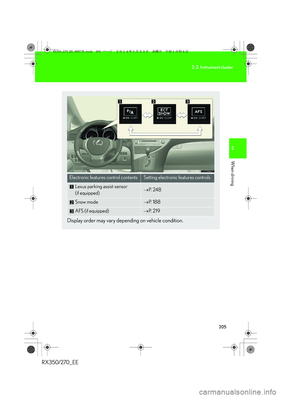 LEXUS RX270 2014 User Guide 205
2-2. Instrument cluster
2
When driving
RX350/270_EE
Display order may vary depending on vehicle condition.
Electronic features control contentsSetting electronic features controls
Lexus parking as LEXUS RX270 2014 User Guide 205
2-2. Instrument cluster
2
When driving
RX350/270_EE
Display order may vary depending on vehicle condition.
Electronic features control contentsSetting electronic features controls
Lexus parking as