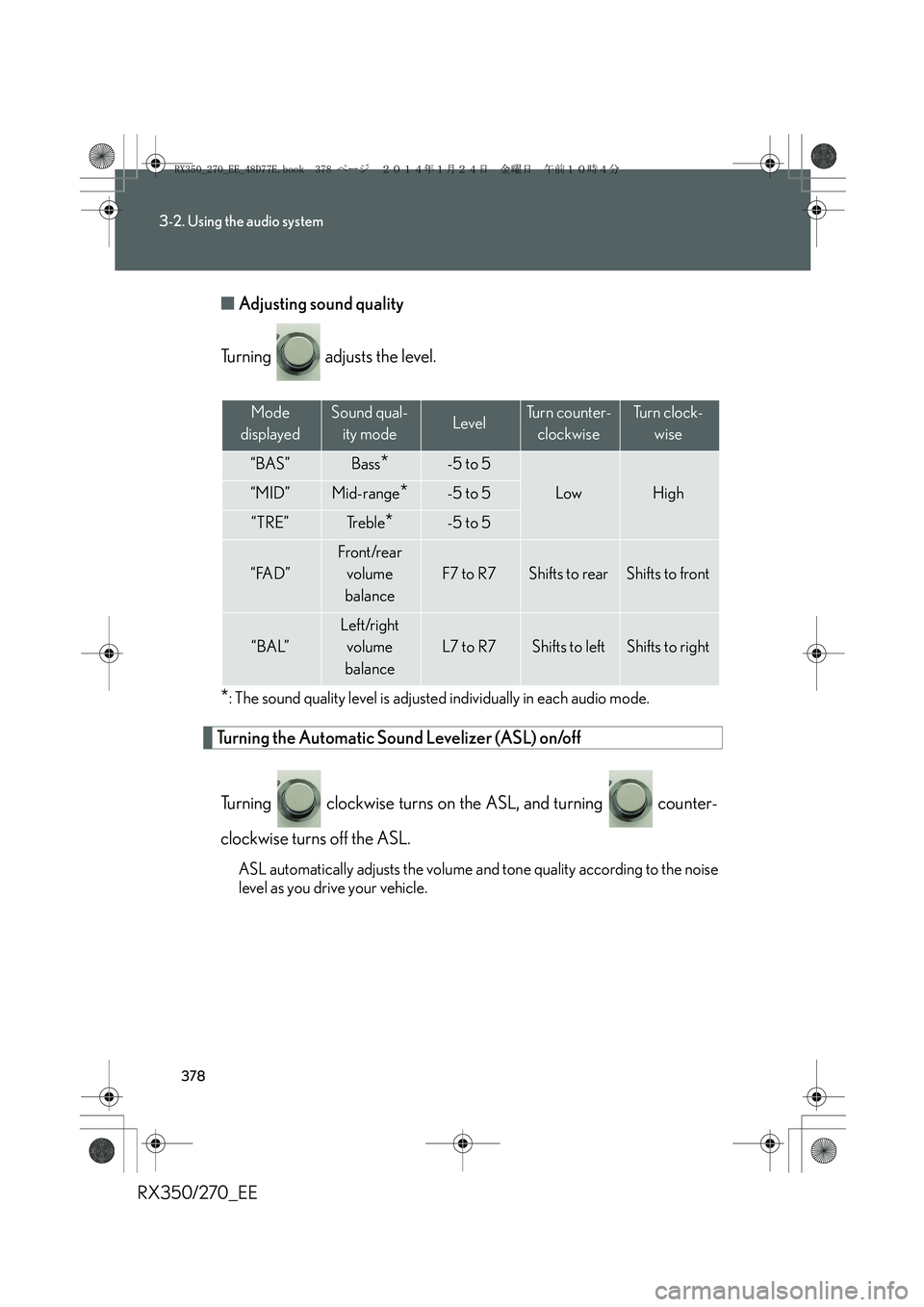 LEXUS RX270 2014  Owners Manual 378
3-2. Using the audio system
RX350/270_EE■Adjusting sound quality
Turning   adjusts the level.
*: The sound quality level is adjusted individually in each audio mode.
Turning the Automatic Sound 