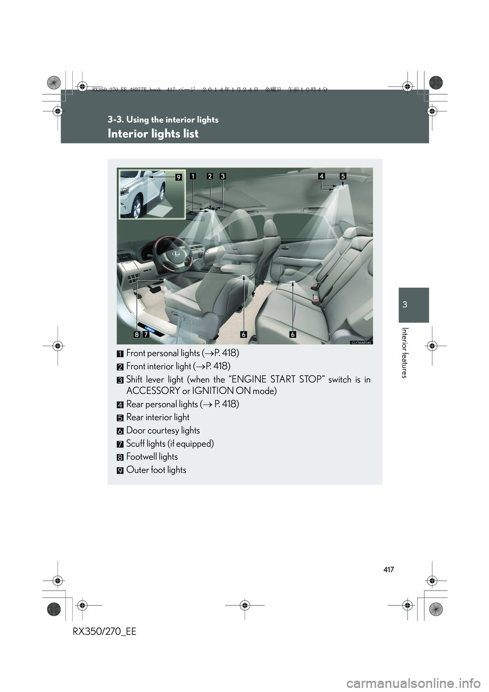 LEXUS RX270 2014  Owners Manual 417
3
Interior features
RX350/270_EE
3-3. Using the interior lights
Interior lights list
Front personal lights (→P.  4 1 8 )
Front interior light (→P.  4 1 8 )
Shift lever light (when the “ENGIN