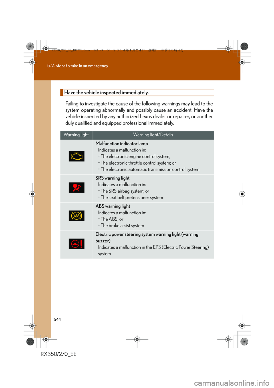 LEXUS RX270 2014 Owners Manual 544
5-2. Steps to take in an emergency
RX350/270_EE
Have the vehicle inspected immediately.
Failing to investigate the cause of the following warnings may lead to the
system operating abnormally and p LEXUS RX270 2014 Owners Manual 544
5-2. Steps to take in an emergency
RX350/270_EE
Have the vehicle inspected immediately.
Failing to investigate the cause of the following warnings may lead to the
system operating abnormally and p