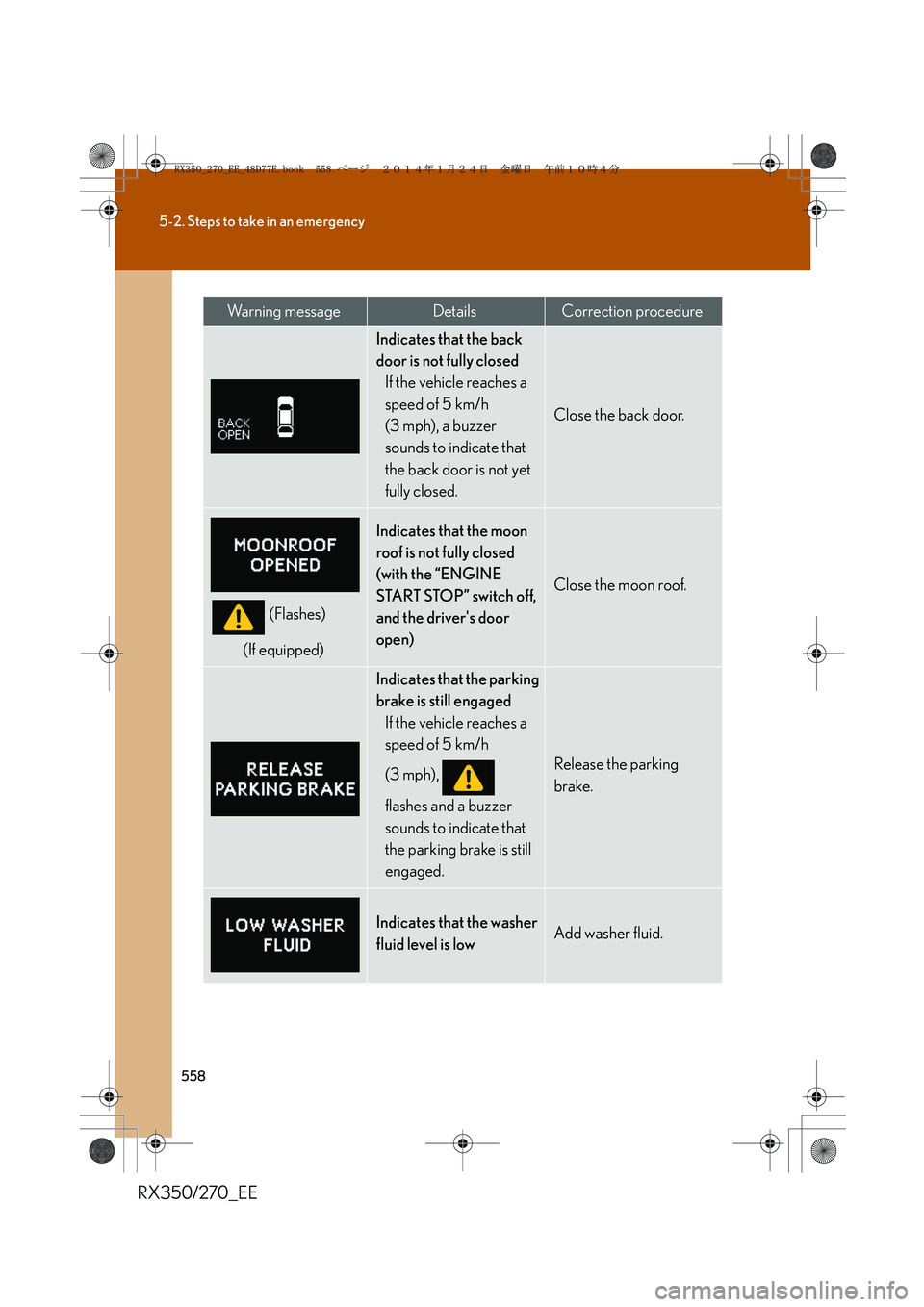 LEXUS RX270 2014 Owners Manual 558
5-2. Steps to take in an emergency
RX350/270_EE
Indicates that the back
door is not fully closed
If the vehicle reaches a
speed of 5 km/h
(3 mph), a buzzer
sounds to indicate that
the back do LEXUS RX270 2014 Owners Manual 558
5-2. Steps to take in an emergency
RX350/270_EE
Indicates that the back
door is not fully closed
If the vehicle reaches a
speed of 5 km/h
(3 mph), a buzzer
sounds to indicate that
the back do